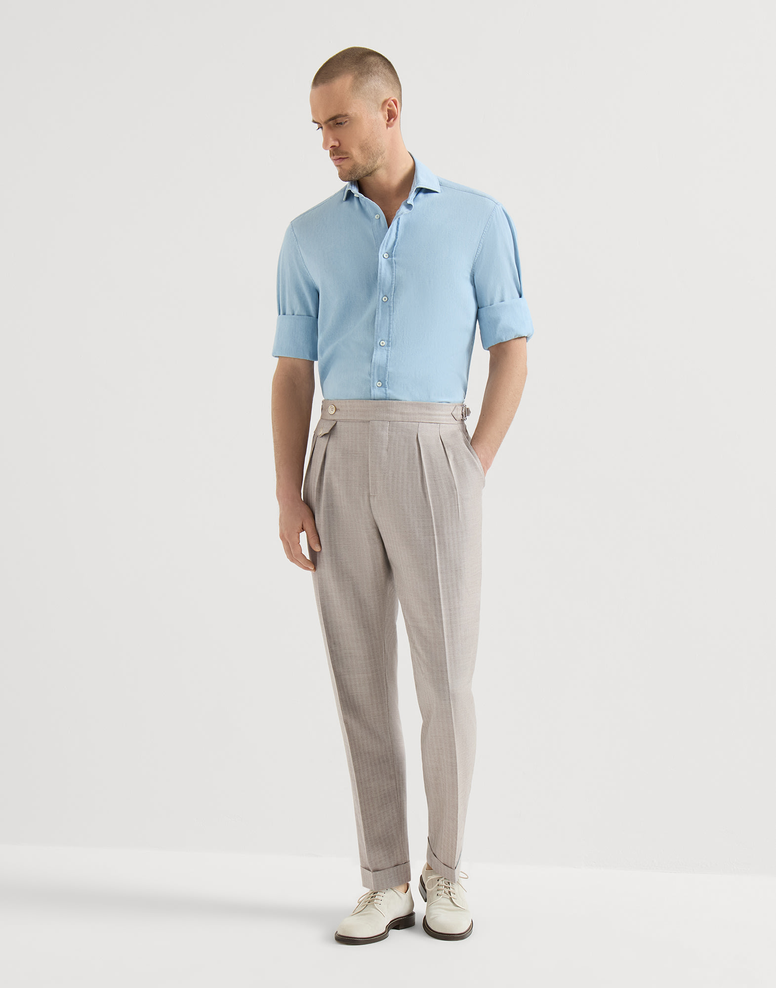 Trousers with double pleats and tabs for Man in Light Grey