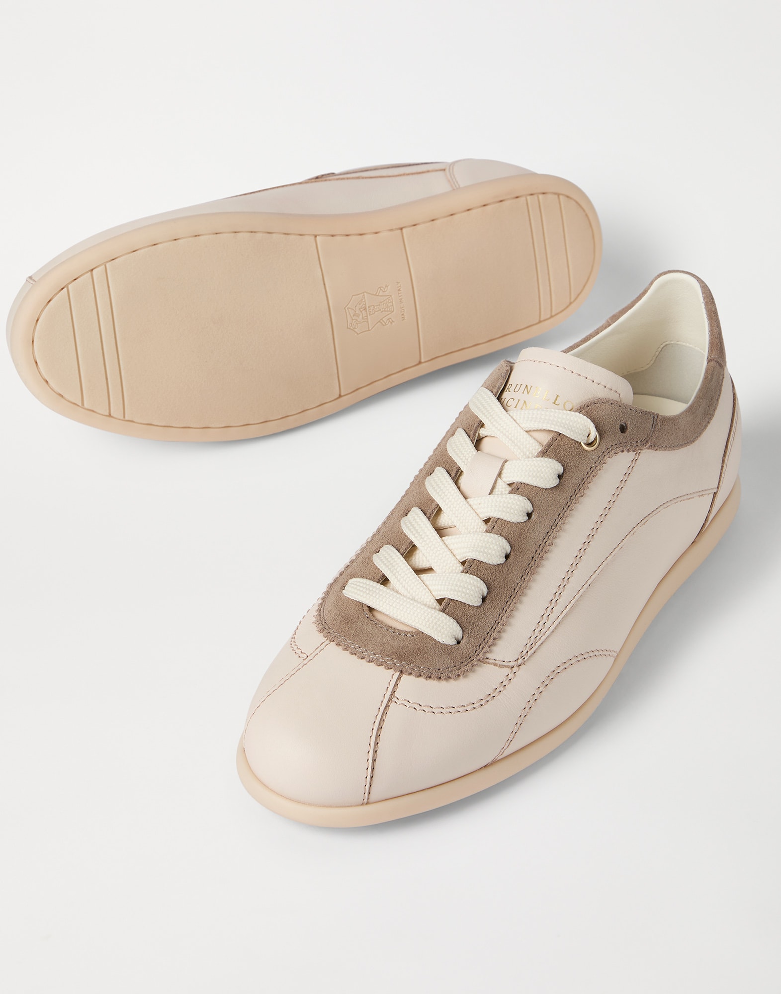 Calfskin and suede sneakers for Man in Butter | Brunello Cucinelli