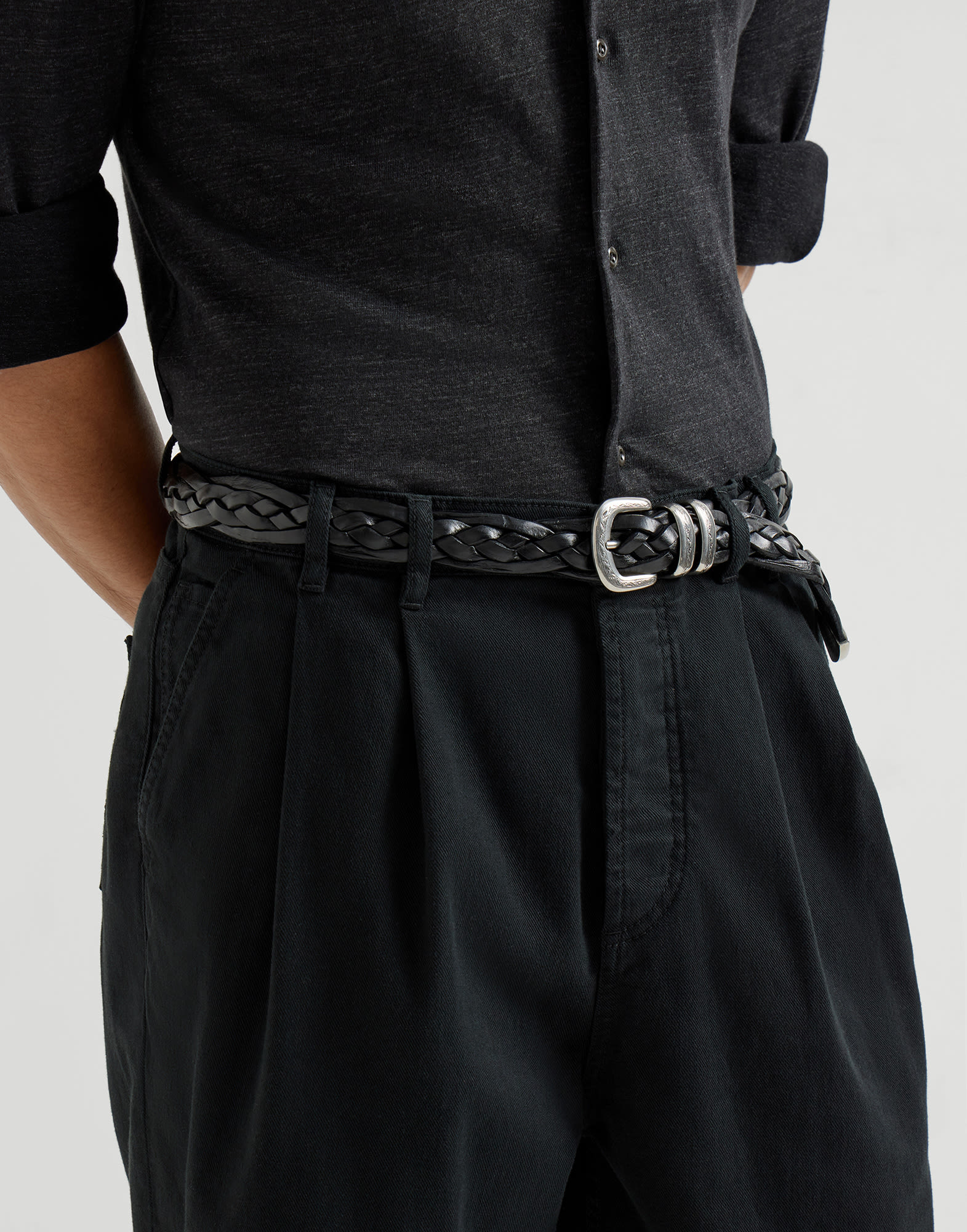 Braided calfskin belt for Man in Black | Brunello Cucinelli