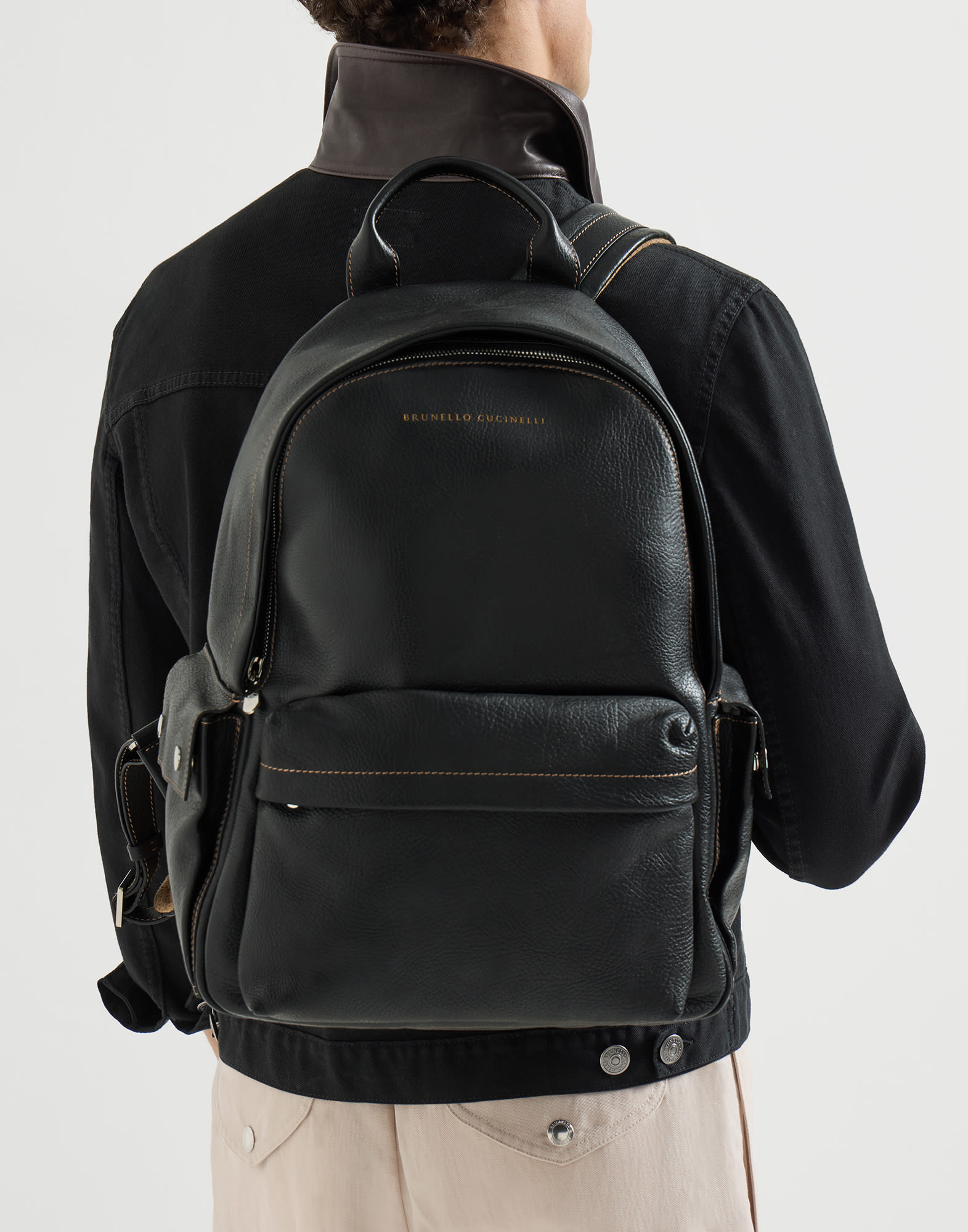 Grained calfskin travel backpack for Man in Black | Brunello Cucinelli
