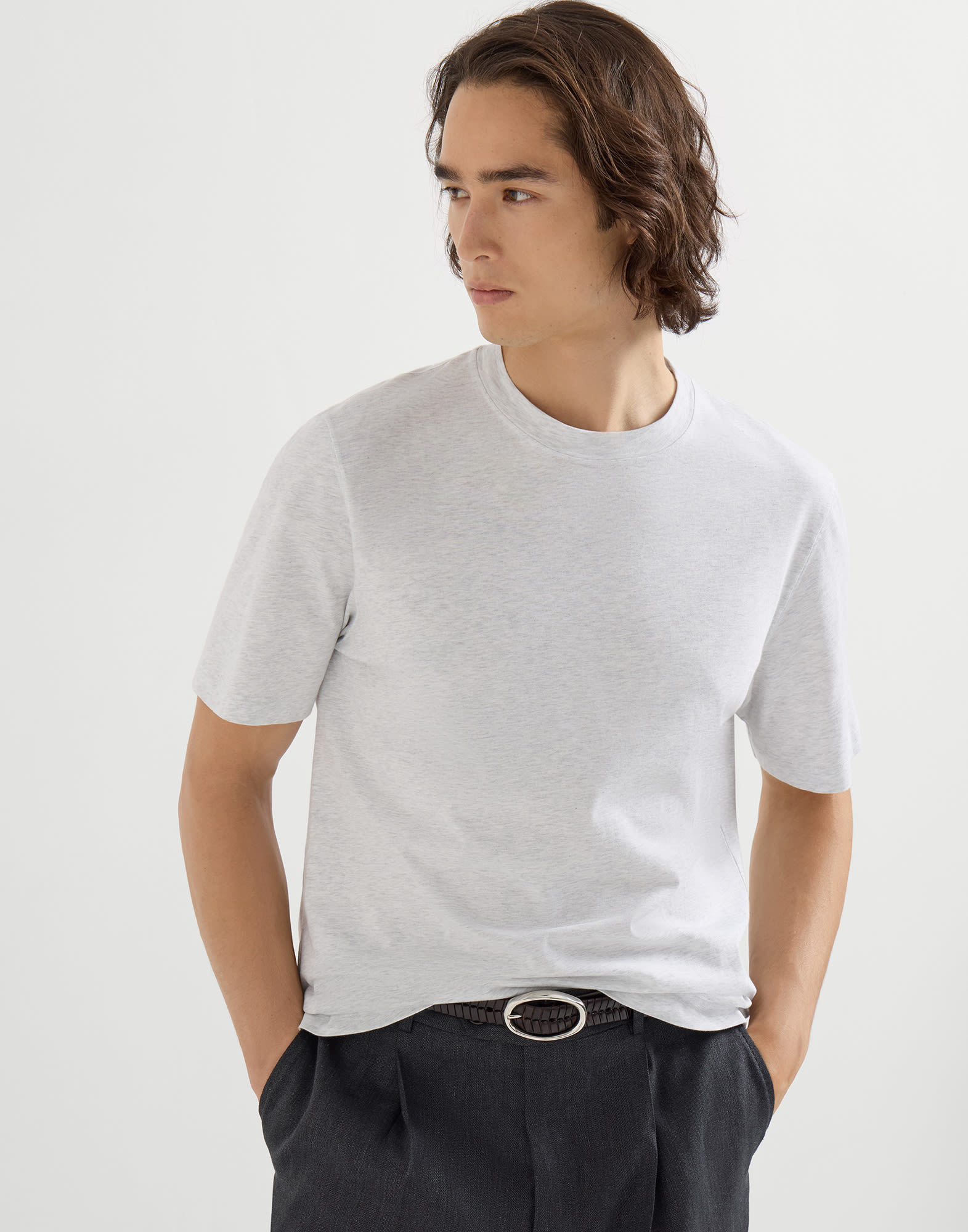 Cotton jersey crew neck T-shirt for Man in Black | Brunello Cucinelli