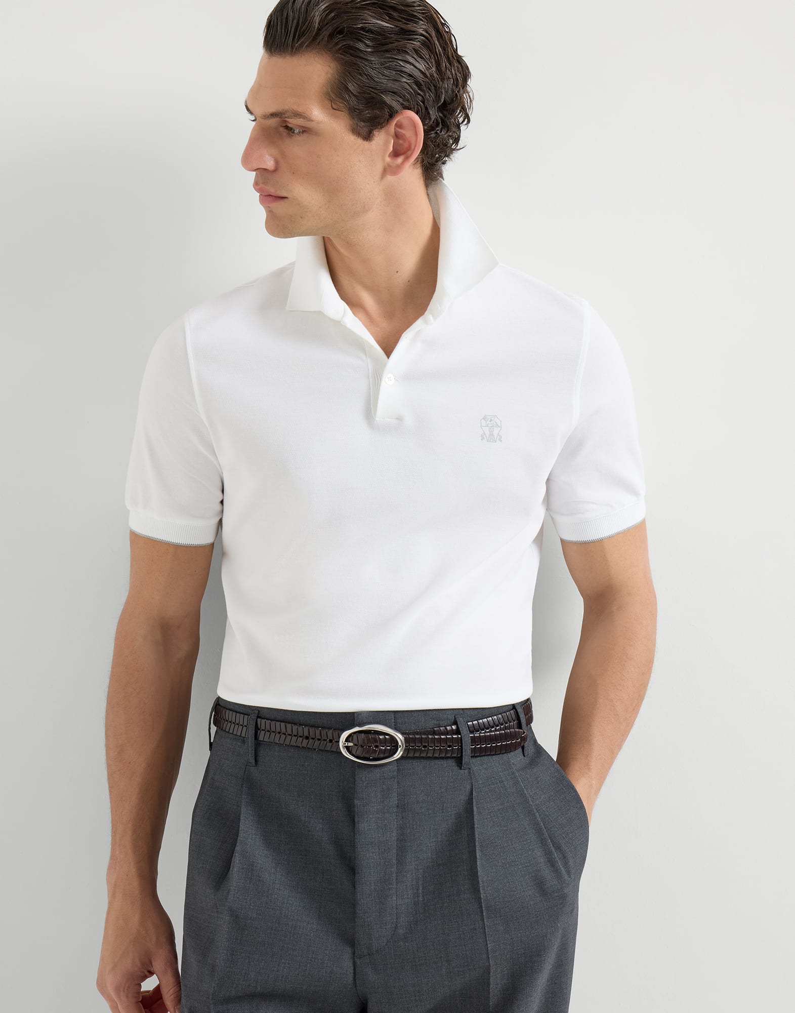 メンズ 向け ブラック ピケ ポロシャツ | Brunello Cucinelli