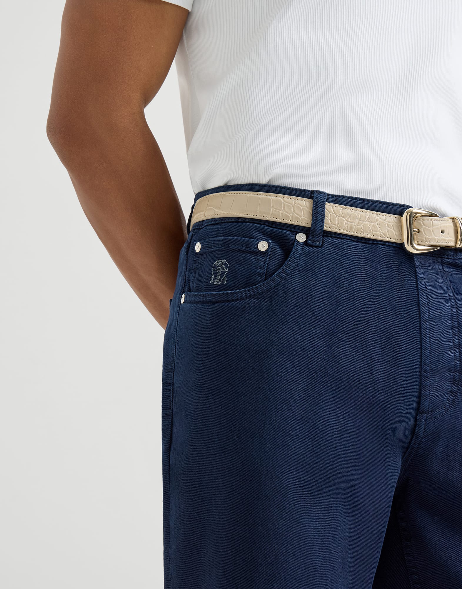 Lightweight denim trousers for Man in Khaki | Brunello Cucinelli