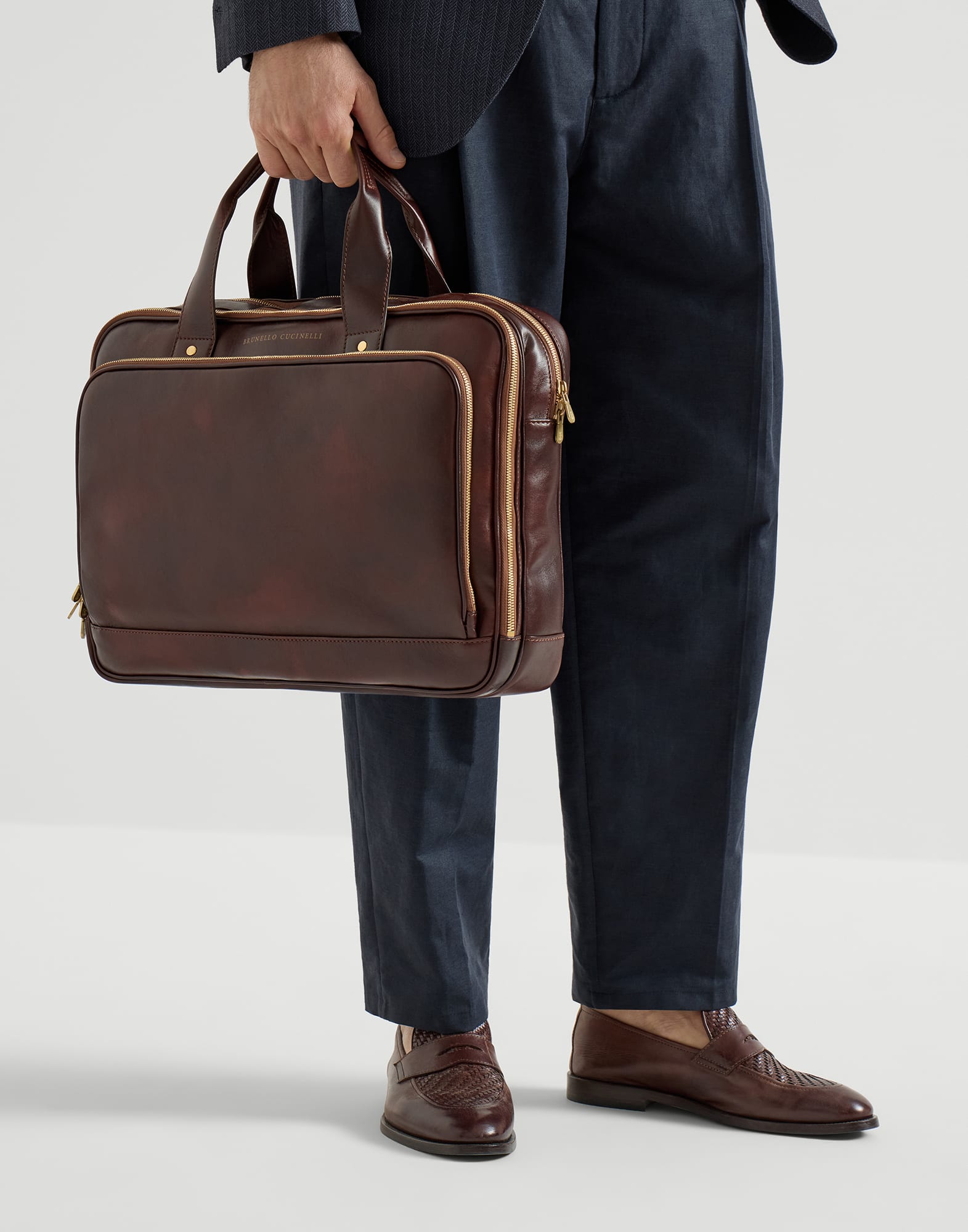 Calfskin briefcase with zipper for Man in Burgundy | Brunello
