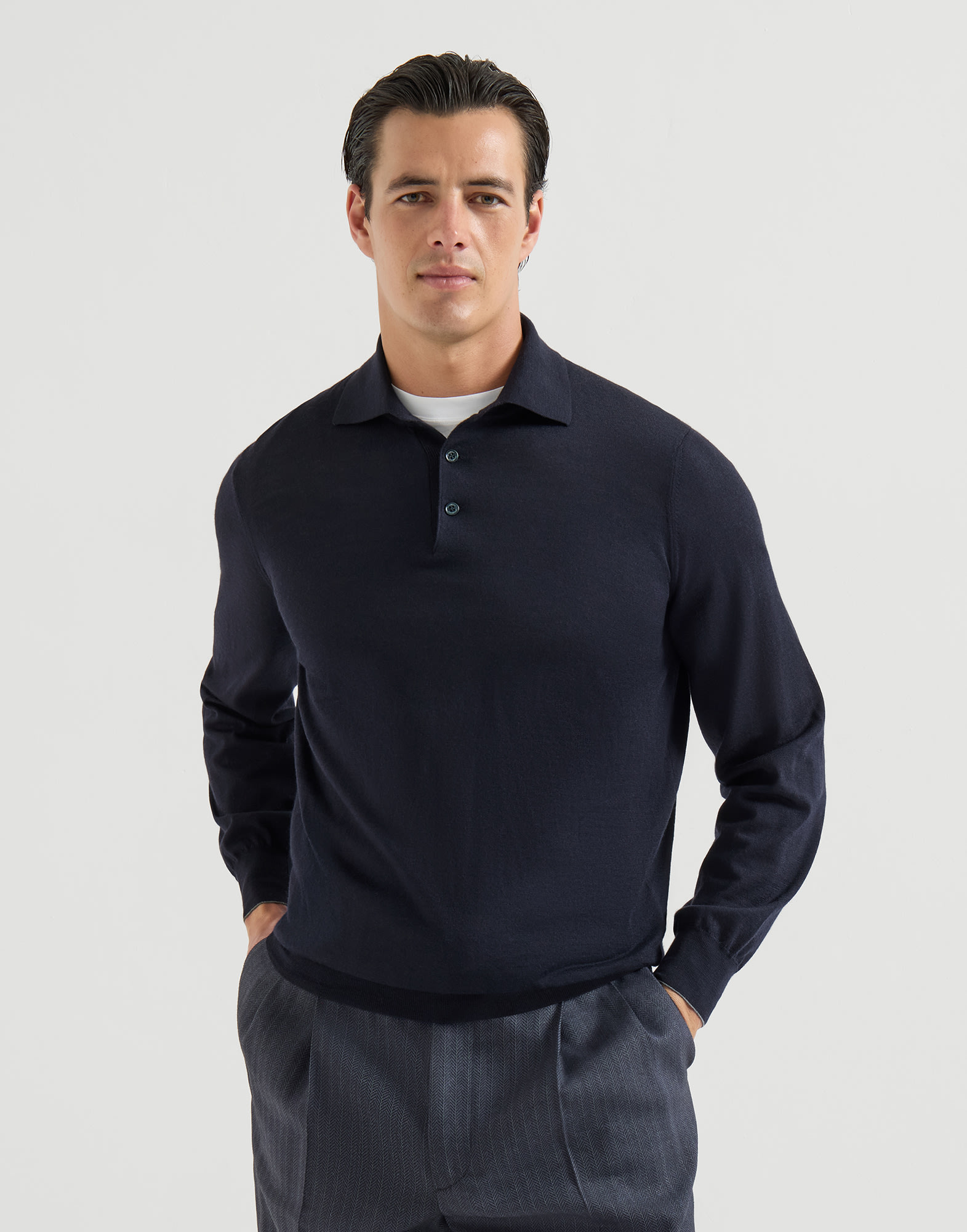 Lightweight knit Polo for Man in Navy Blue | Brunello Cucinelli