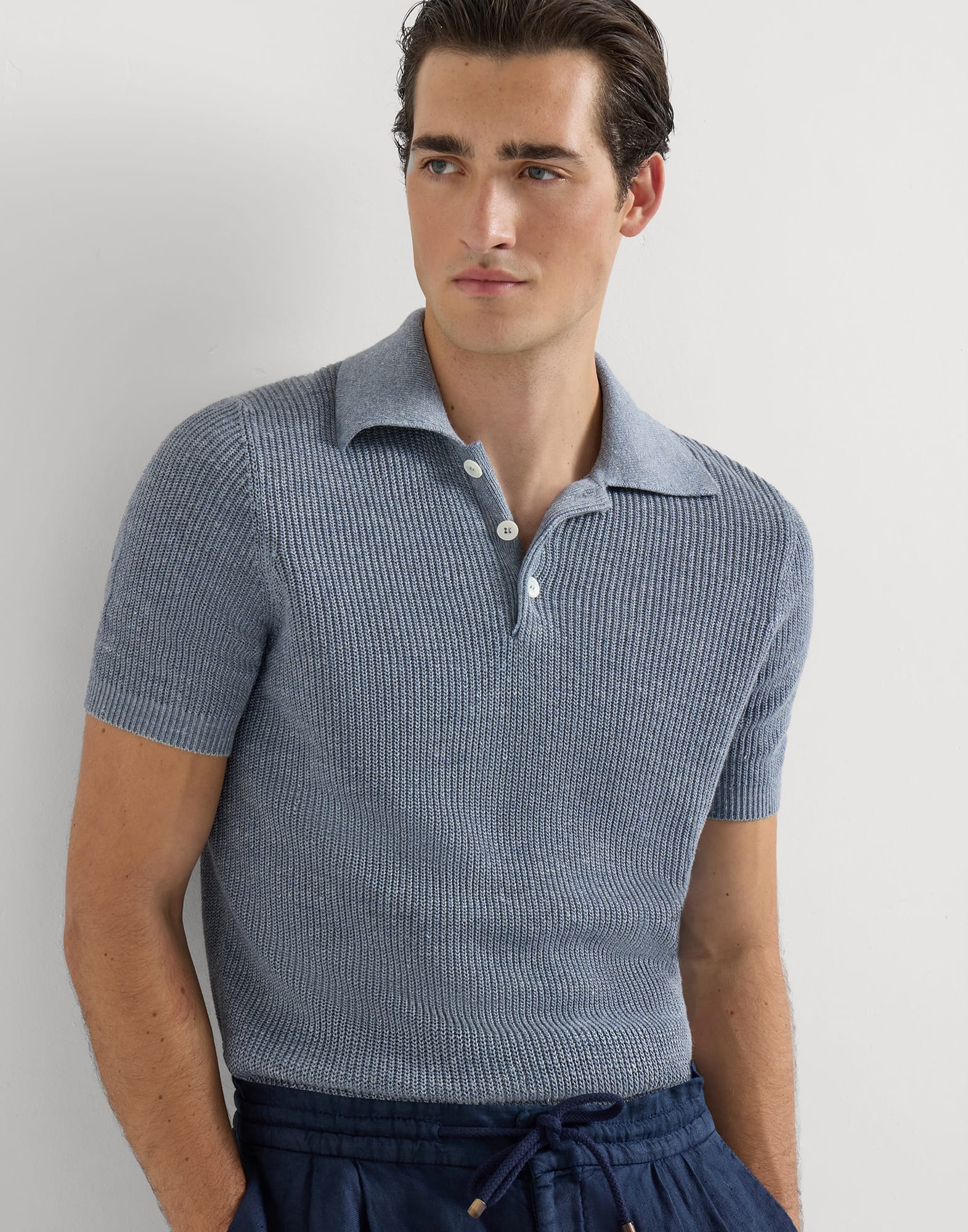 Half English rib knit polo for Man in Yuta | Brunello Cucinelli