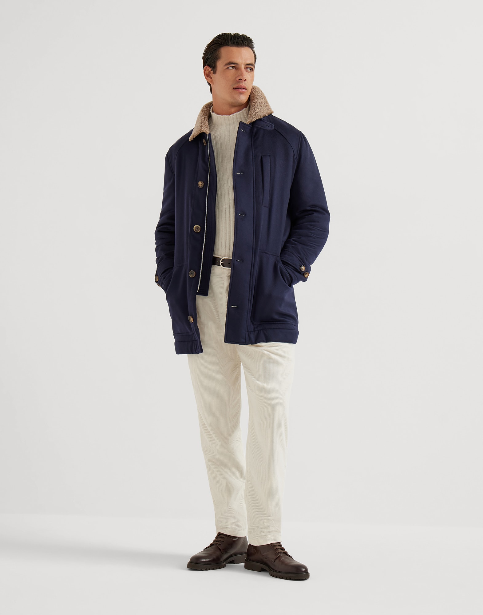 Cashmere and vicuña coat for Man in Navy Blue | Brunello Cucinelli
