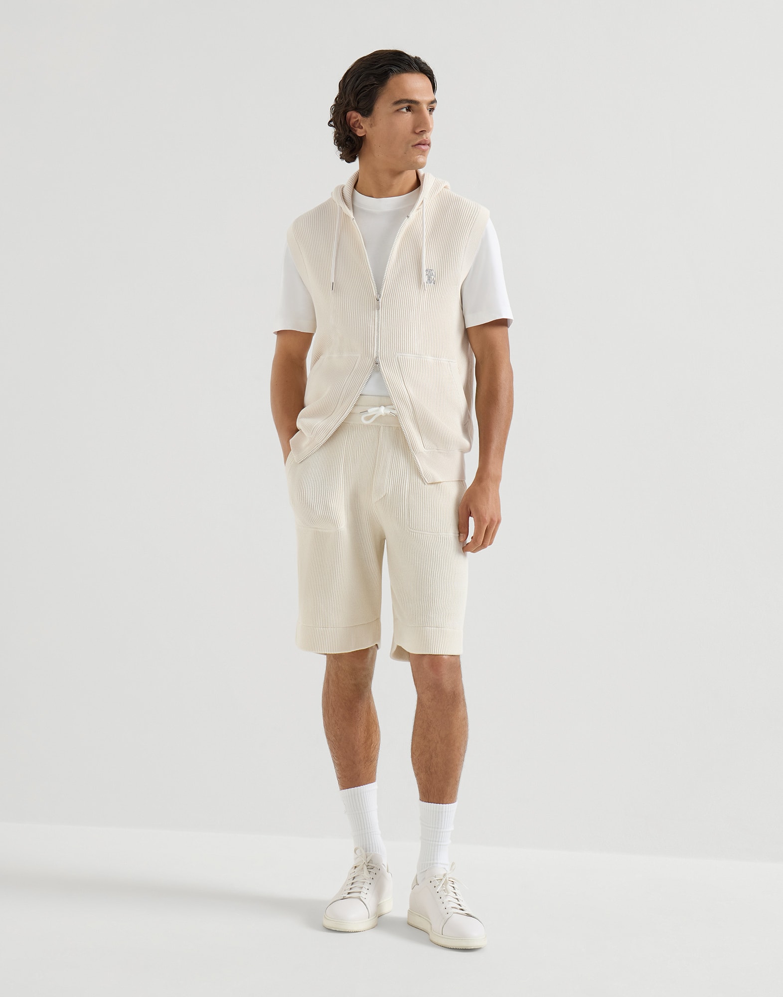 Cotton knit vest for Man in Fog | Brunello Cucinelli
