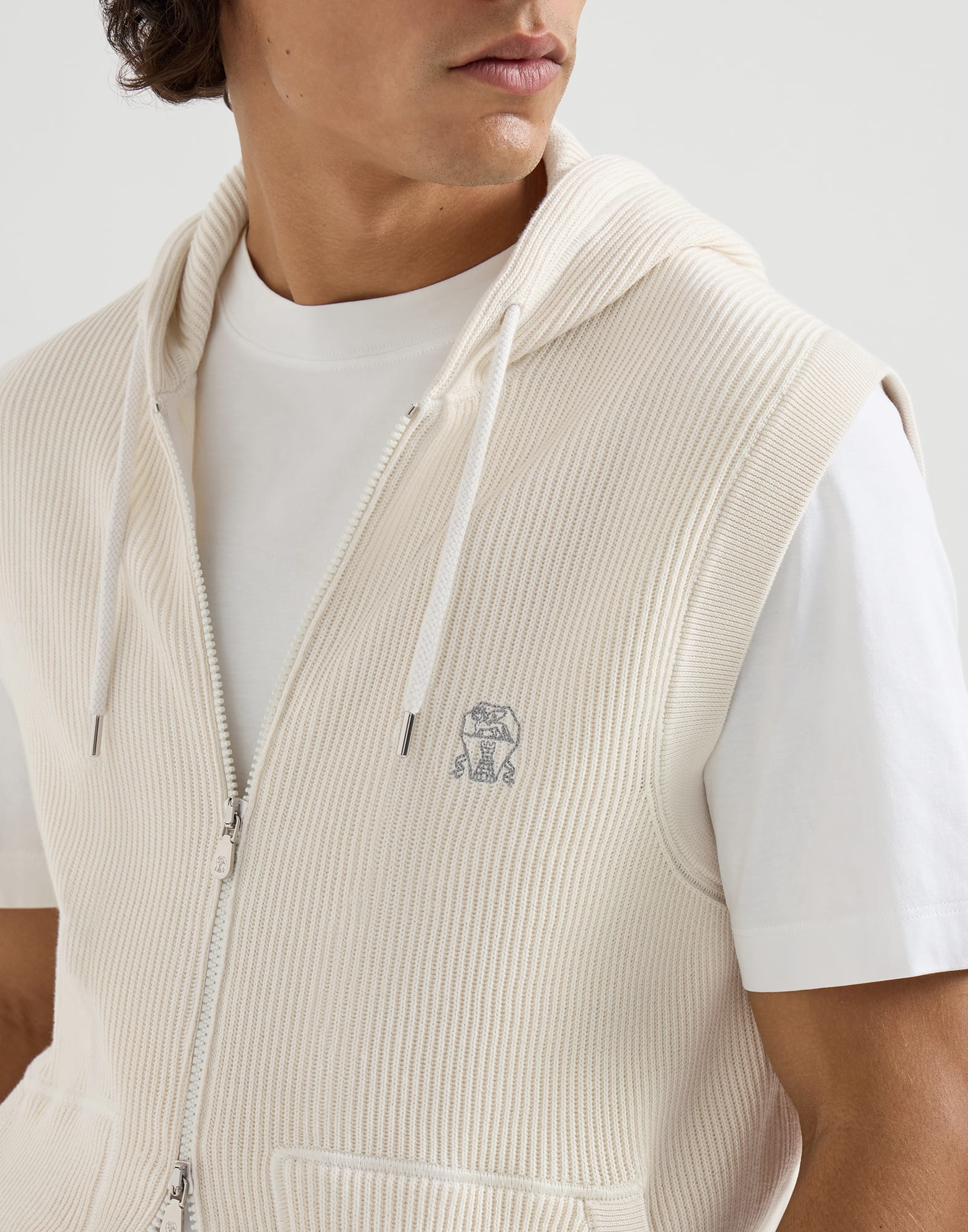 Cotton knit vest for Man in Fog | Brunello Cucinelli
