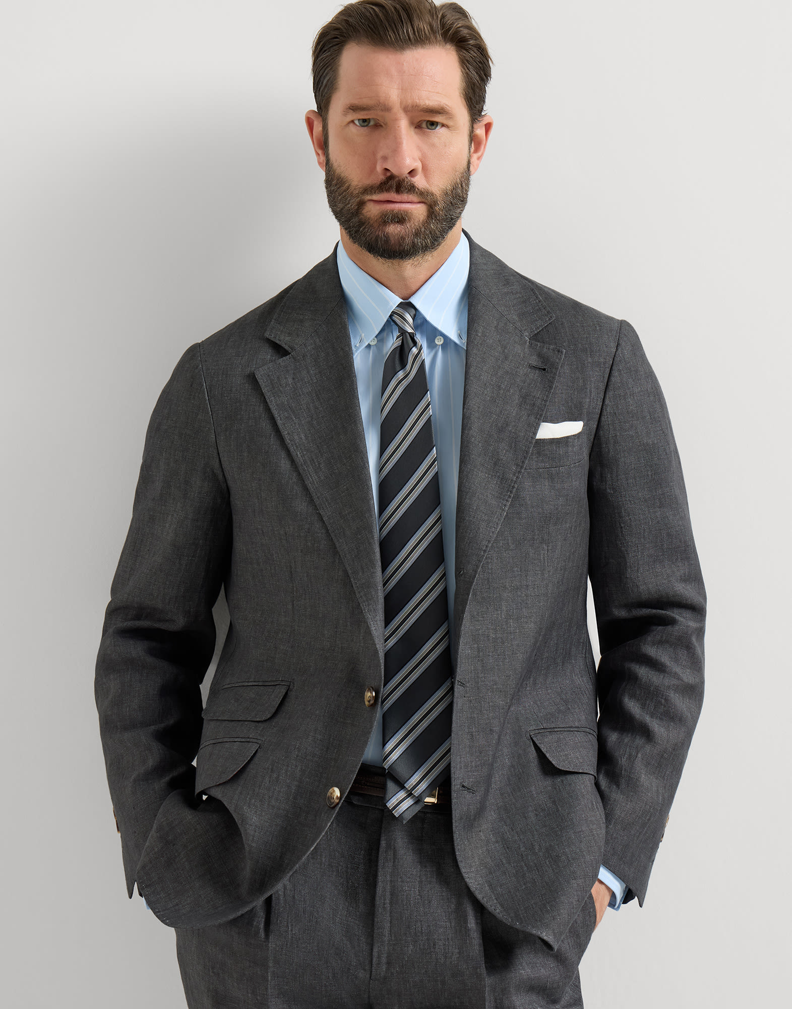 Linen deconstructed blazer for Man in Navy Blue | Brunello Cucinelli