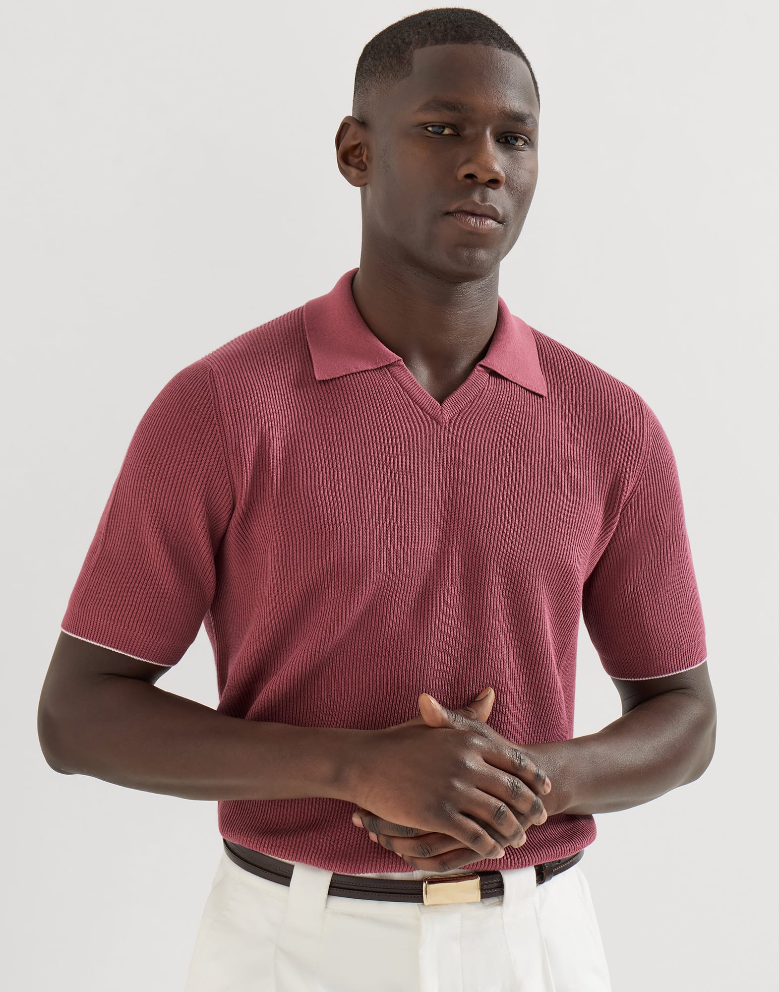 ブルネロクチネリ　リネンポロ　S Cotton English rib knit polo for Man in Sky Blue | Brunello Cucinelli