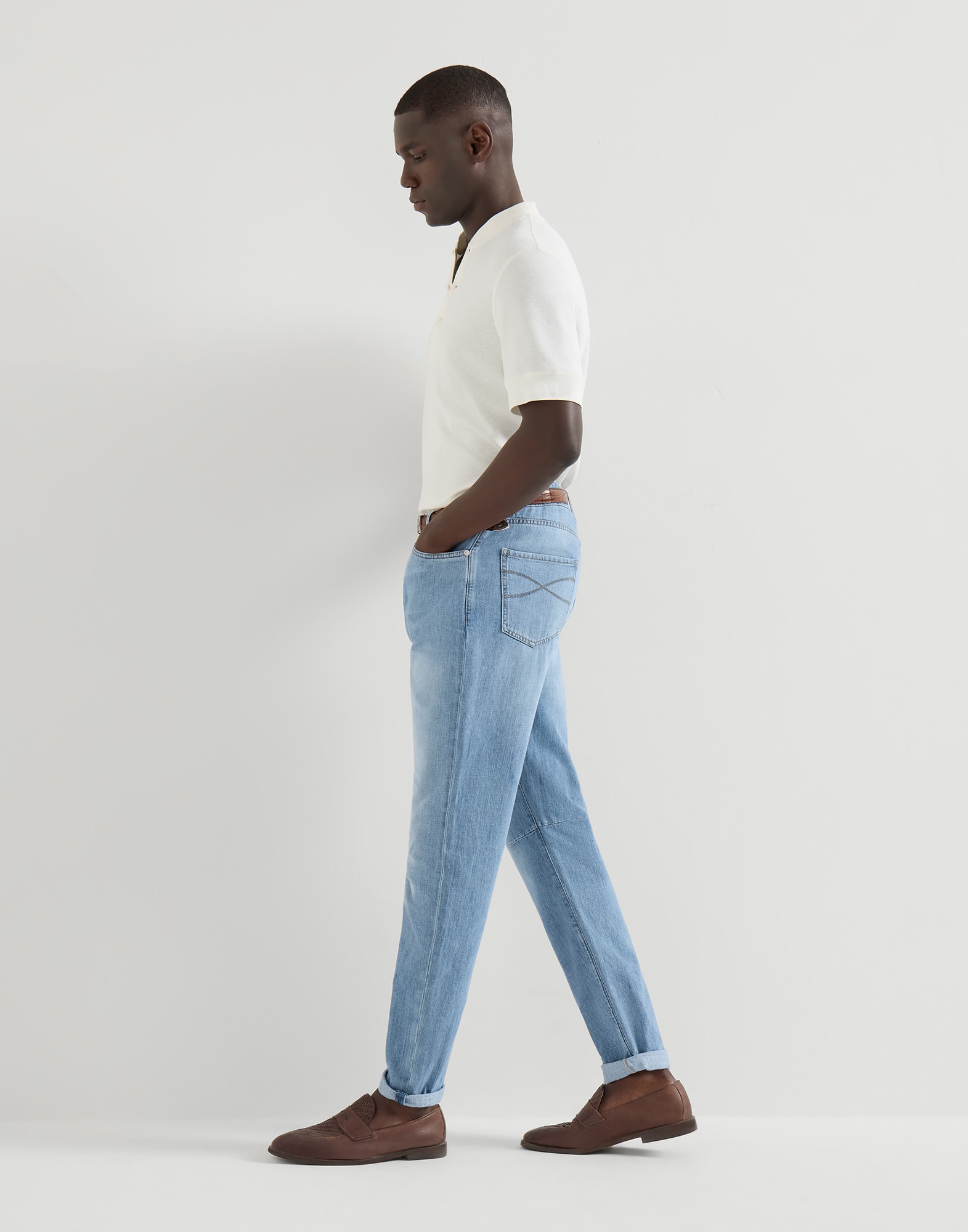 Lightweight denim five-pocket trousers for Man in Light Blue Denim