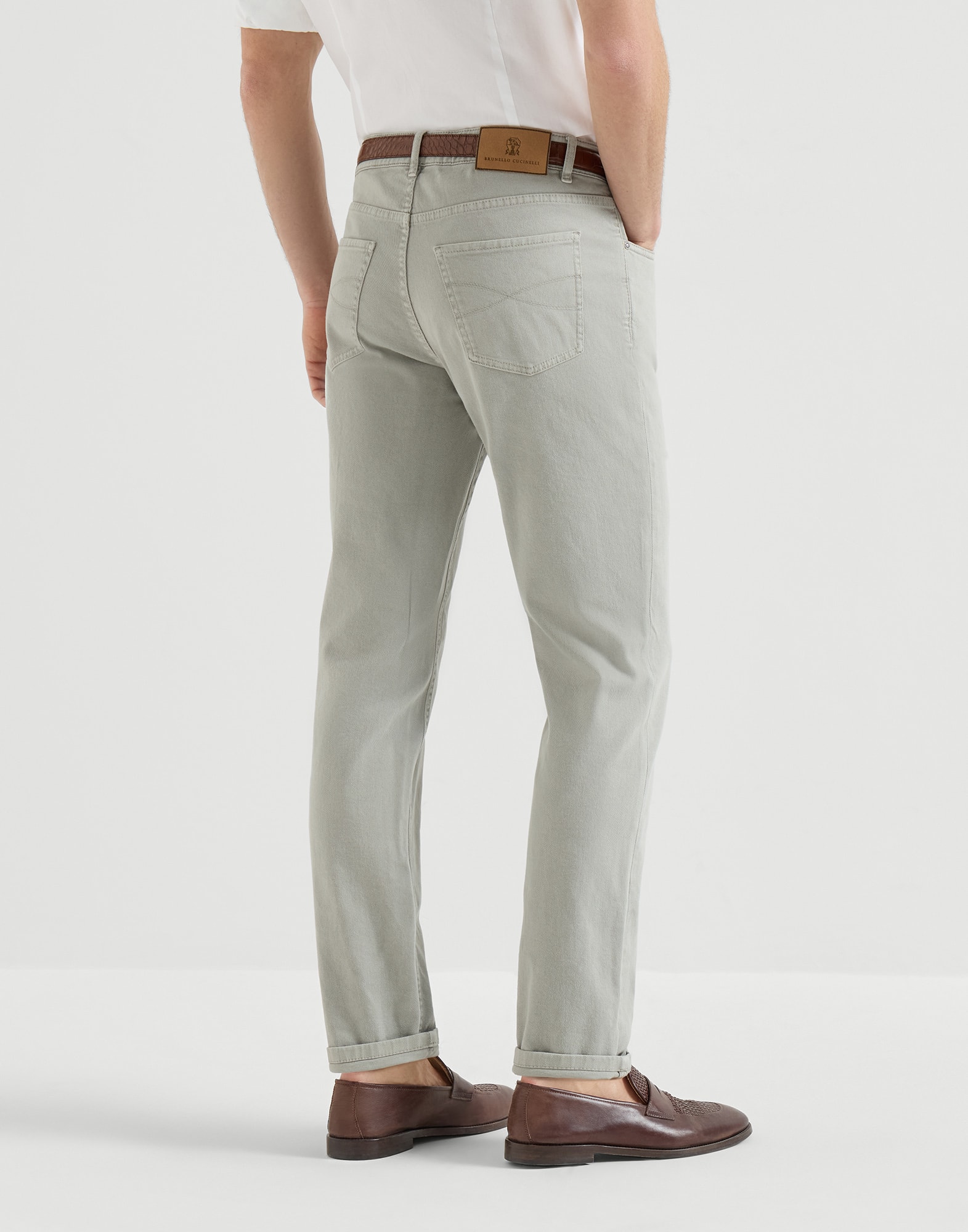 Lightweight denim trousers for Man in Khaki | Brunello Cucinelli