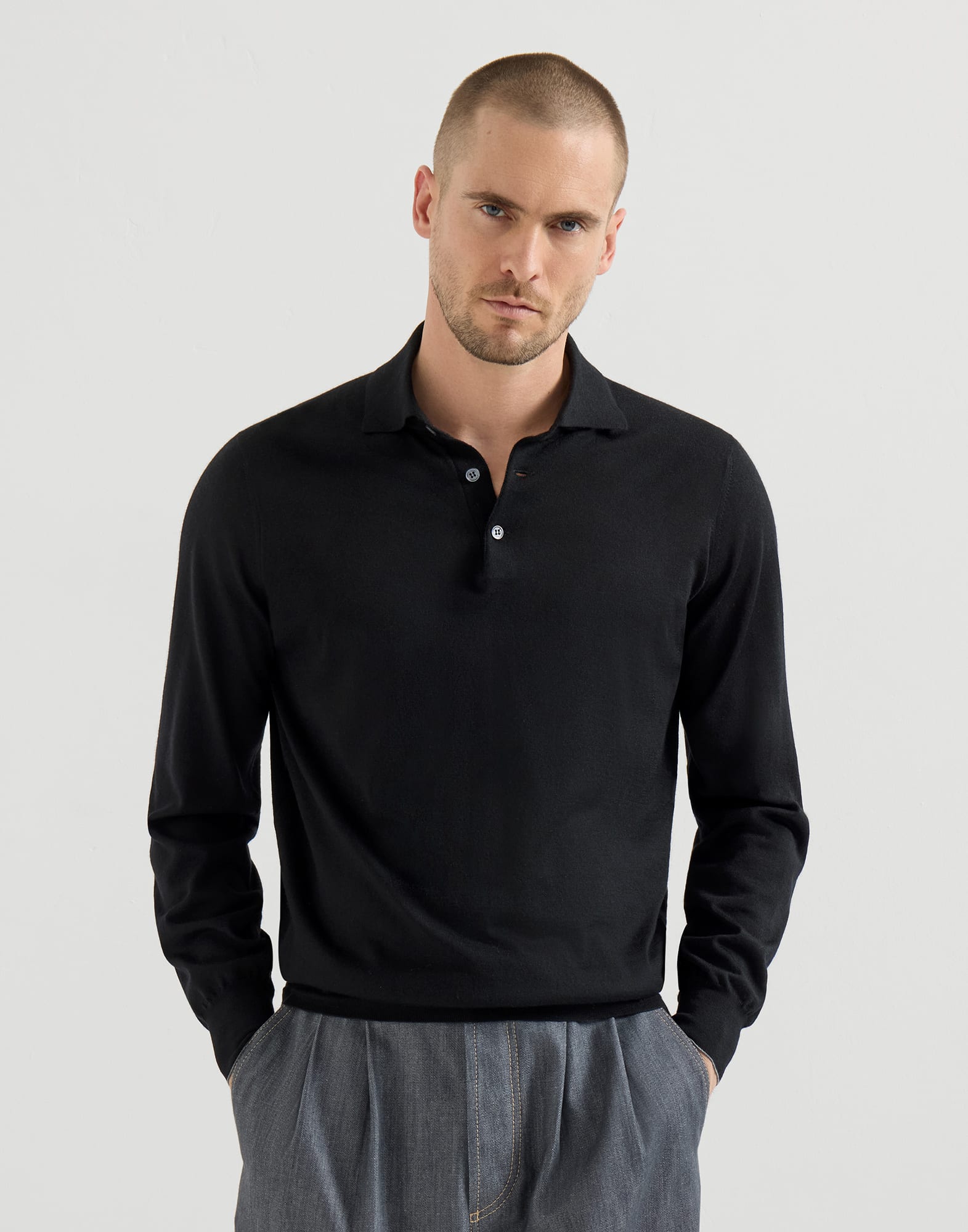 Lightweight knit Polo for Man in Navy Blue | Brunello Cucinelli