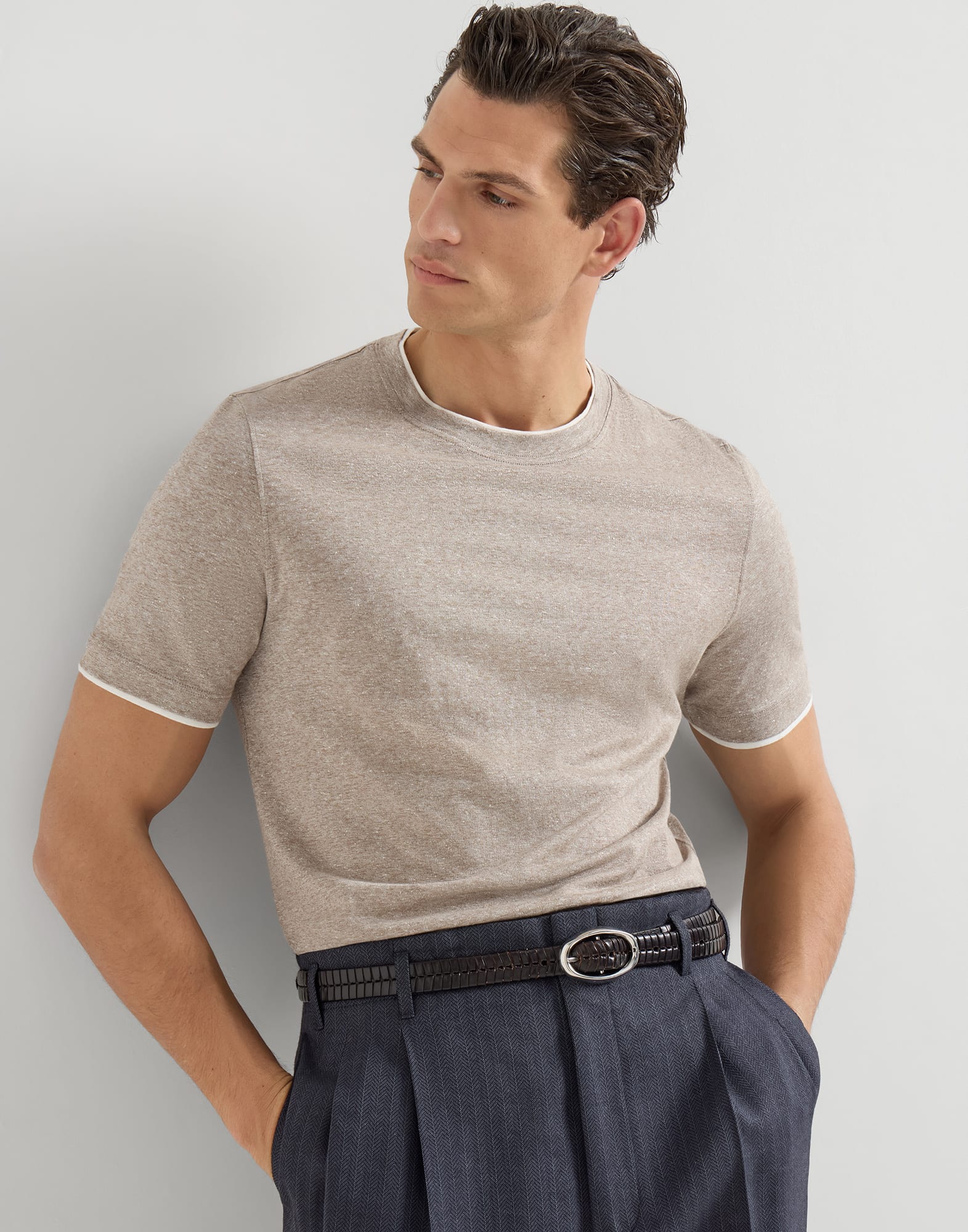 T-shirt with faux-layering for Man in Apricot | Brunello Cucinelli