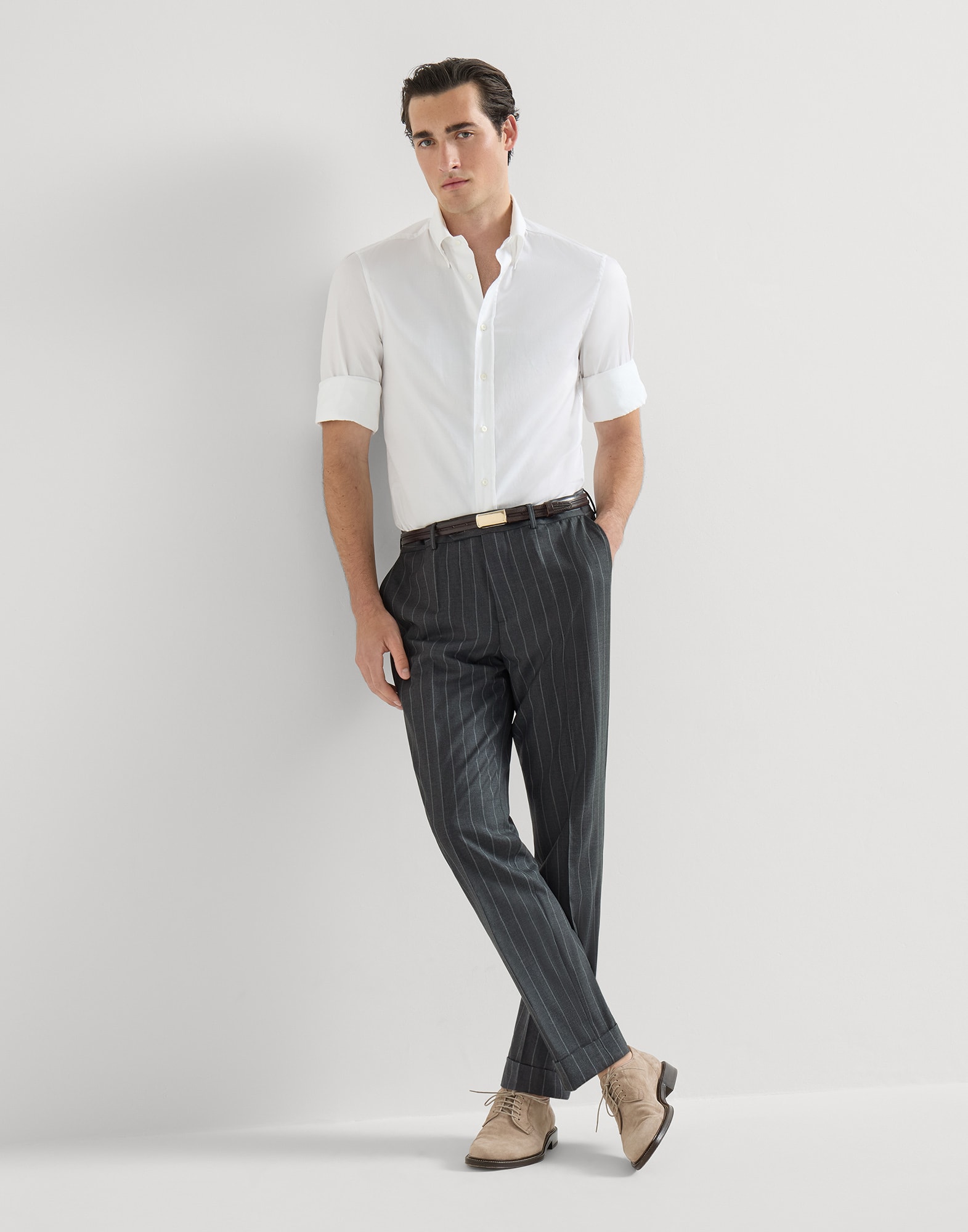 Wide chalk stripe trousers for Man in Grey | Brunello Cucinelli