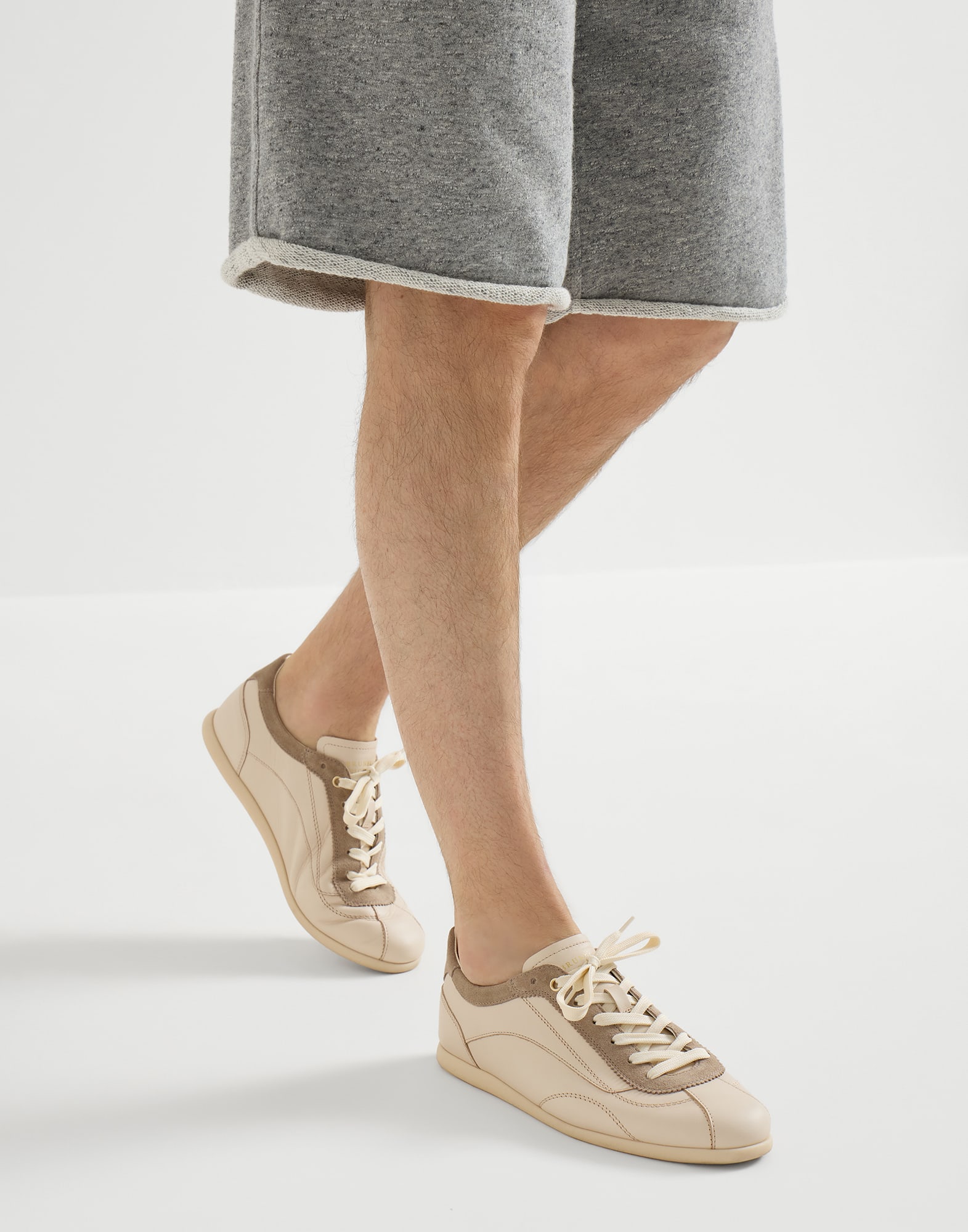 Calfskin and suede sneakers for Man in Butter | Brunello Cucinelli