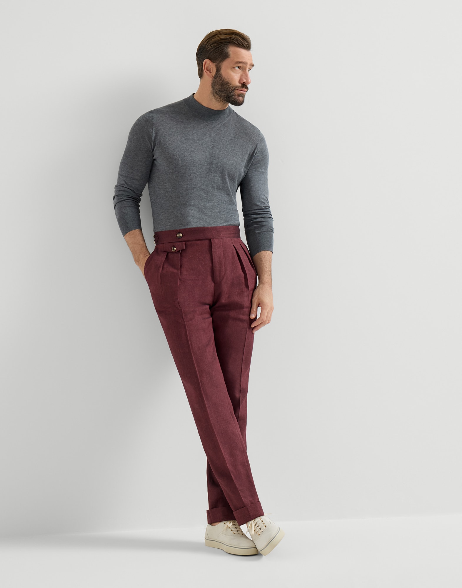 Linen and virgin wool trousers for Man in Cherry | Brunello Cucinelli