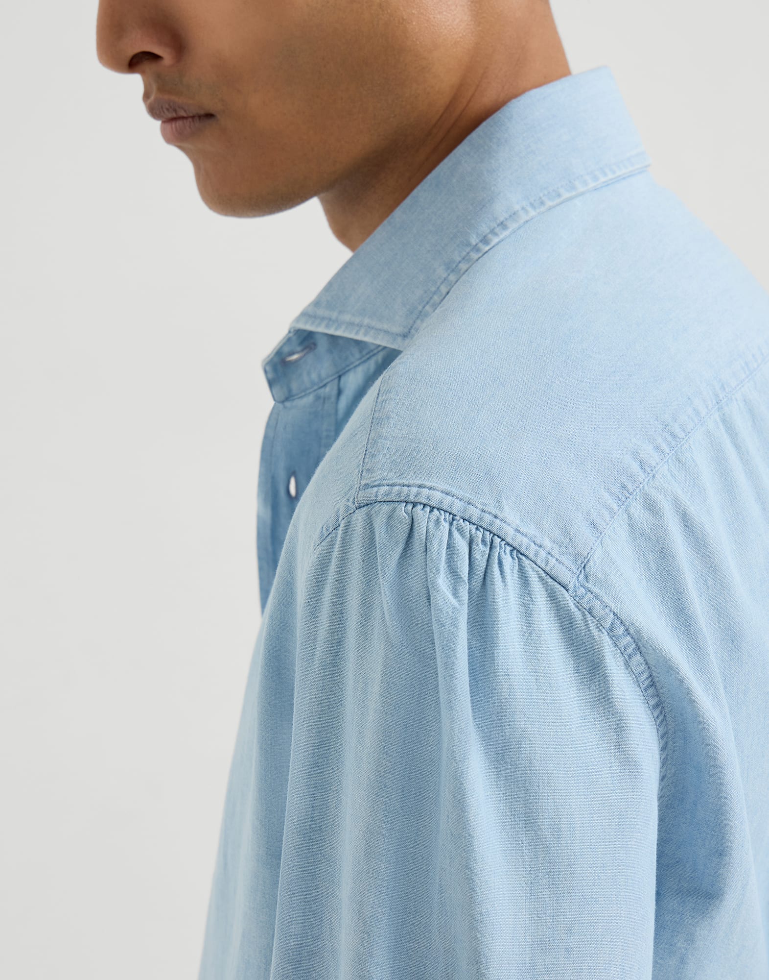 Chambray shirt for Man in Light Denim | Brunello Cucinelli