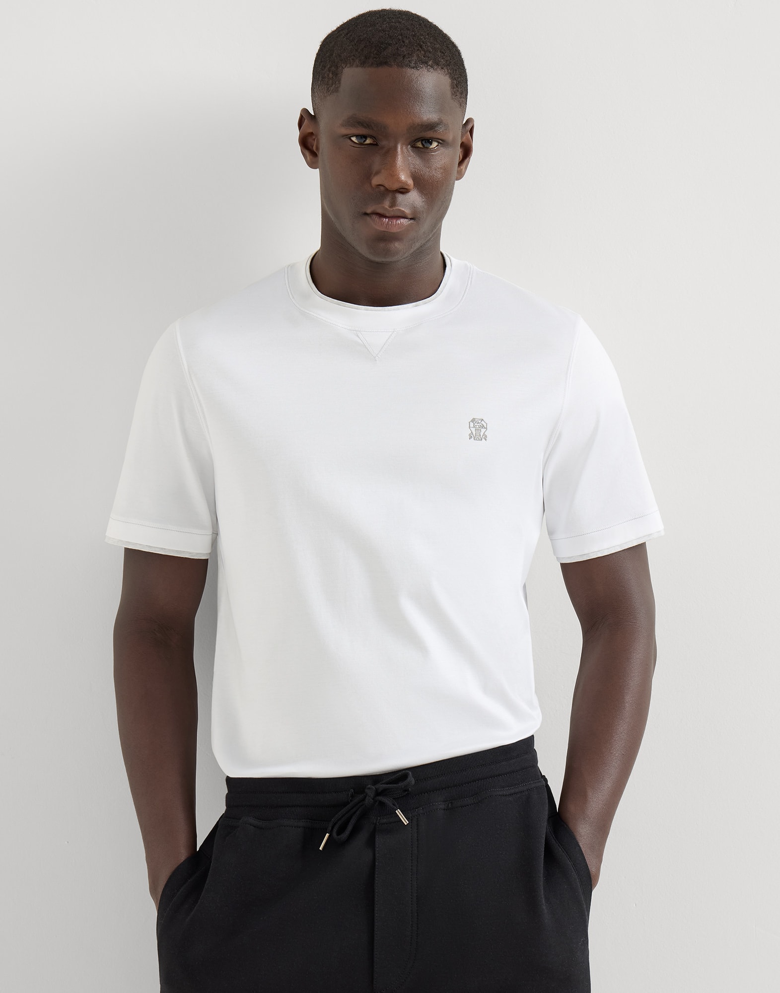 T-shirt with faux-layering for Man in Pearl Grey | Brunello Cucinelli