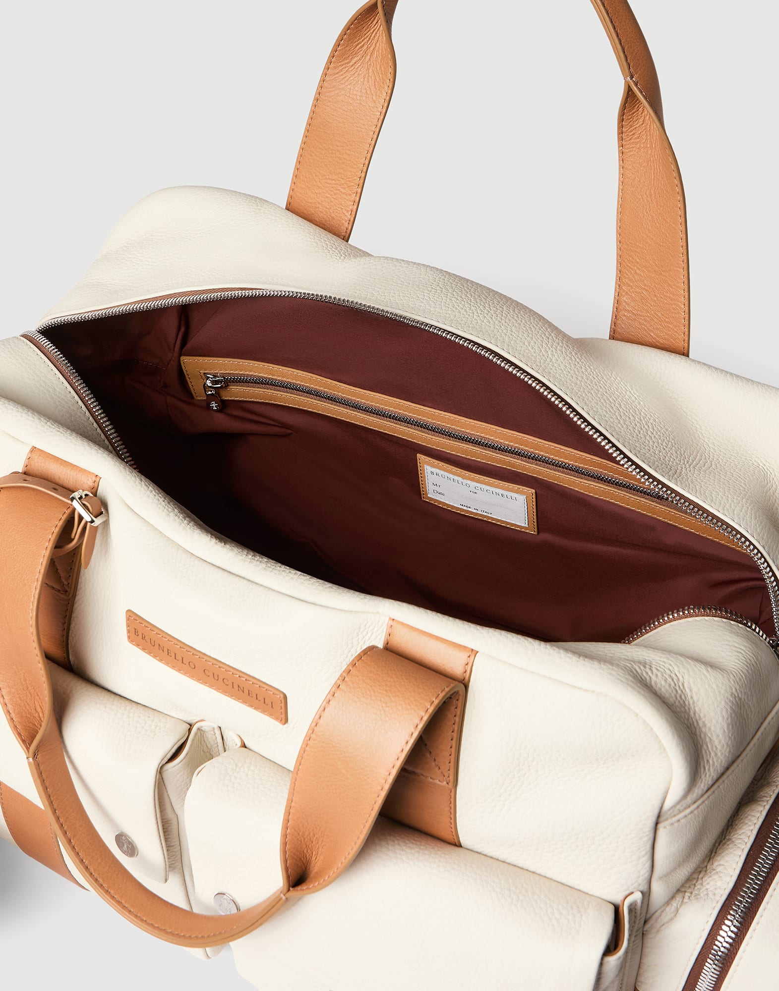 Calfskin and cowhide duffle bag for Man in Ivory | Brunello Cucinelli