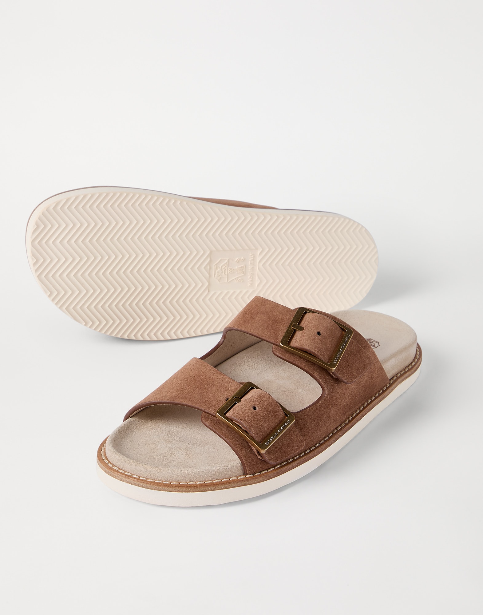 Suede slides with buckles for Man in Hazelnut | Brunello Cucinelli