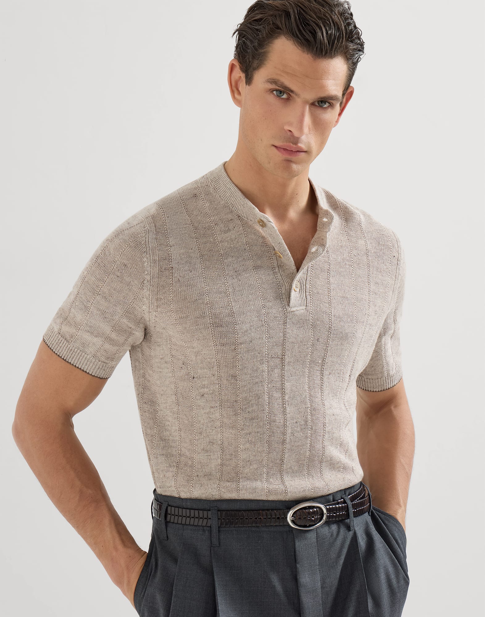 Henley collar T-shirt for Man in Navy Blue | Brunello Cucinelli