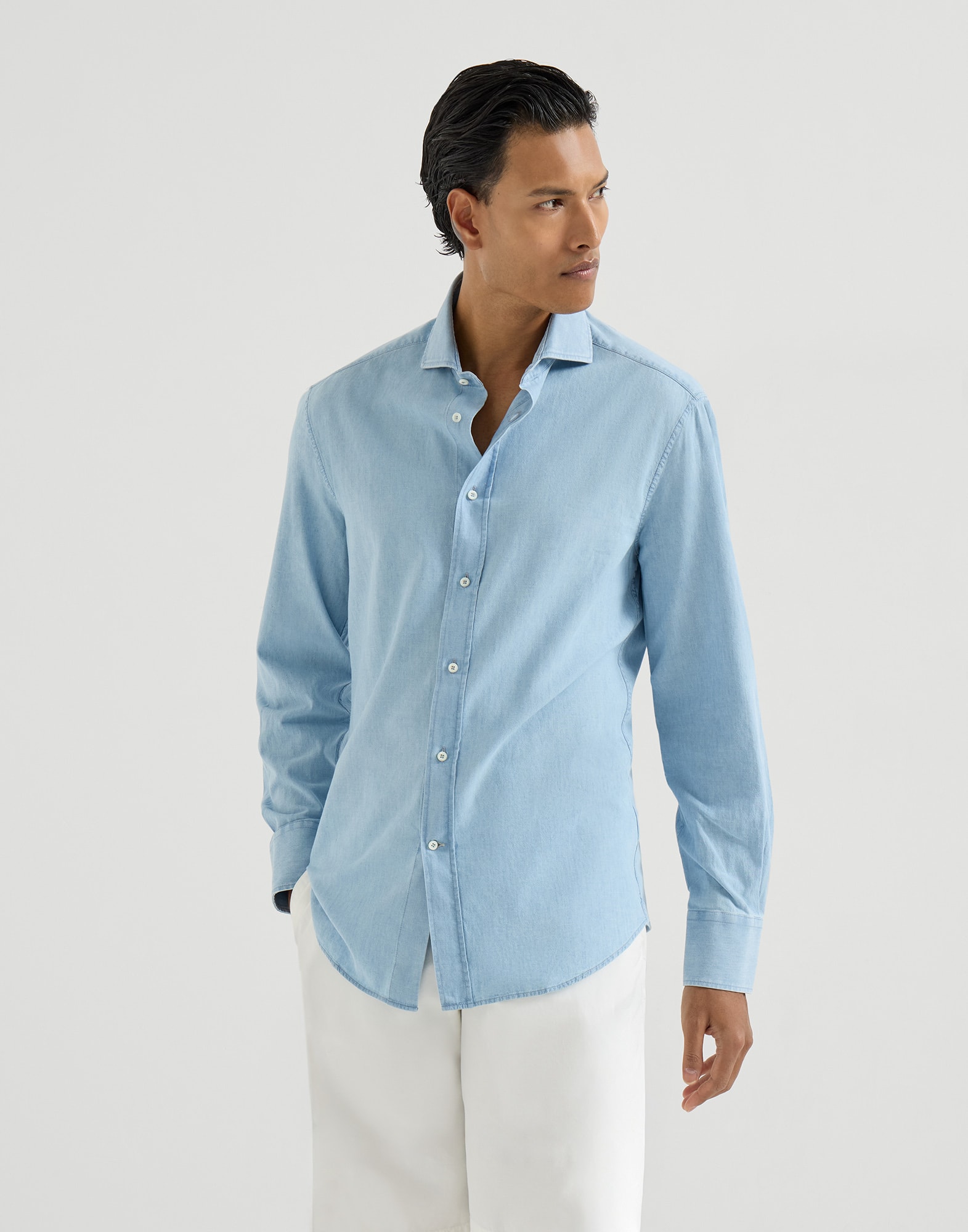 Chambray shirt for Man in Light Denim | Brunello Cucinelli