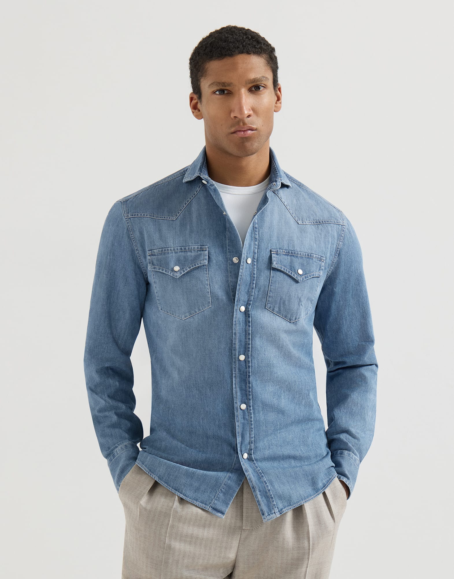 Easy fit shirt for Man in Light Denim | Brunello Cucinelli