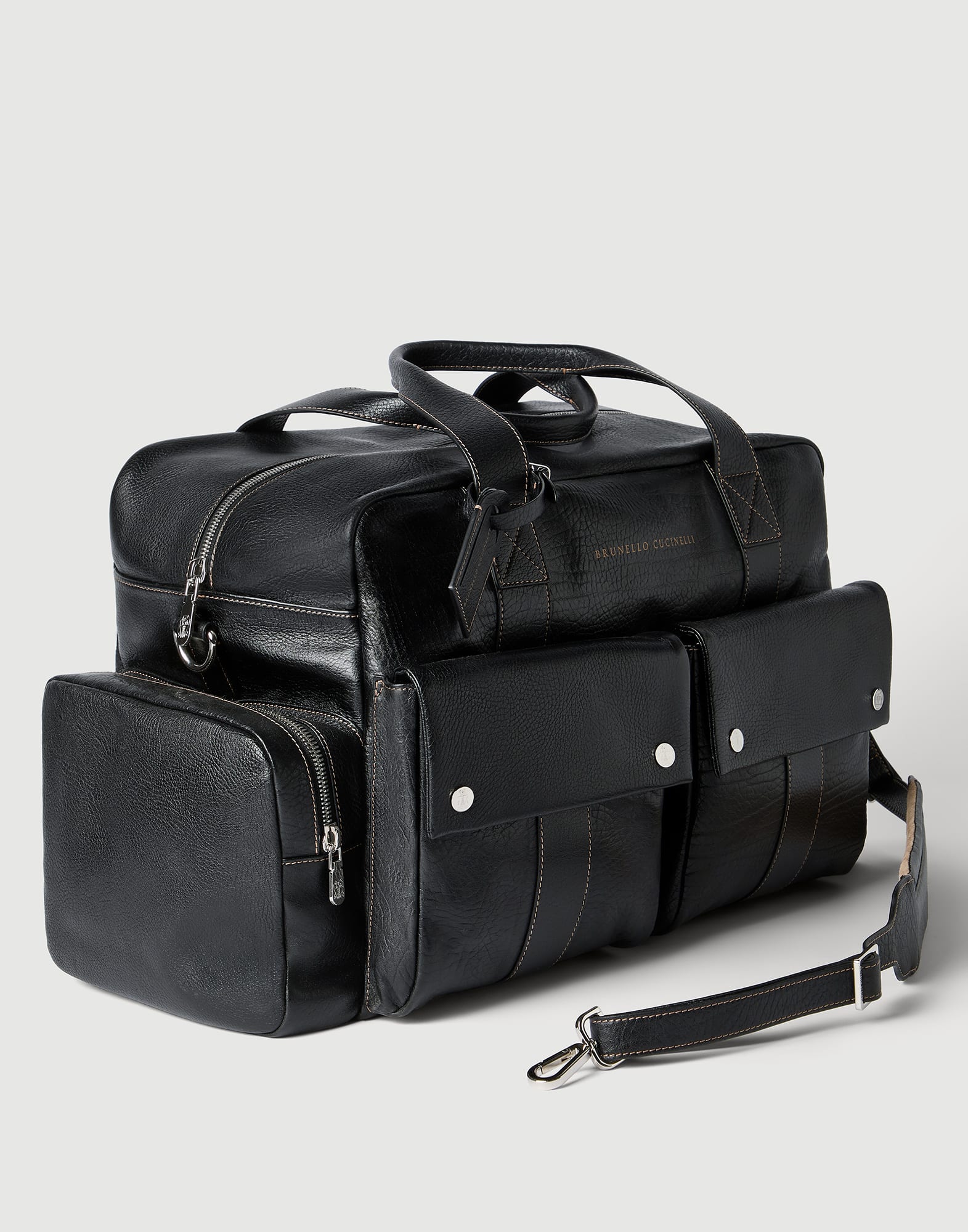 Grained calfskin leisure bag for Man in Black | Brunello Cucinelli