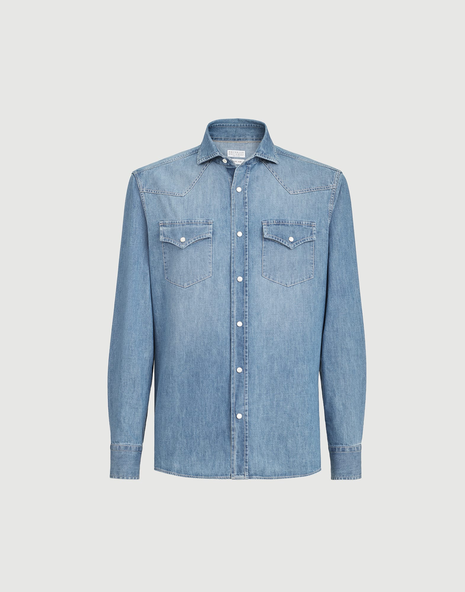 Easy fit shirt for Man in Light Denim | Brunello Cucinelli