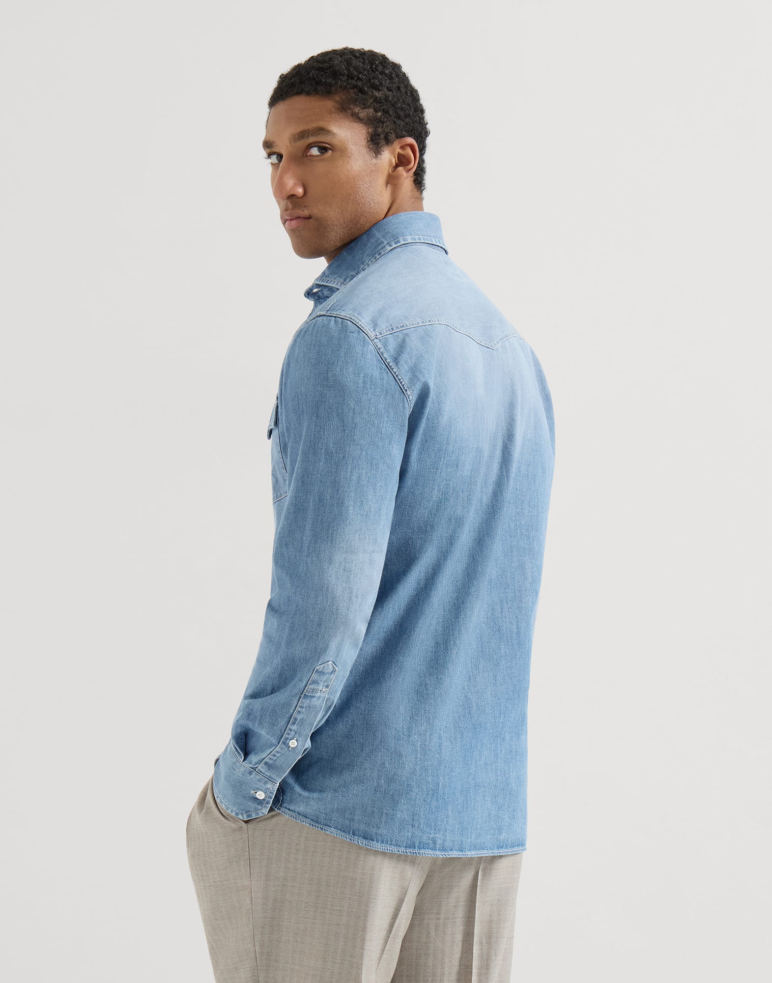 Easy fit shirt for Man in Light Denim | Brunello Cucinelli