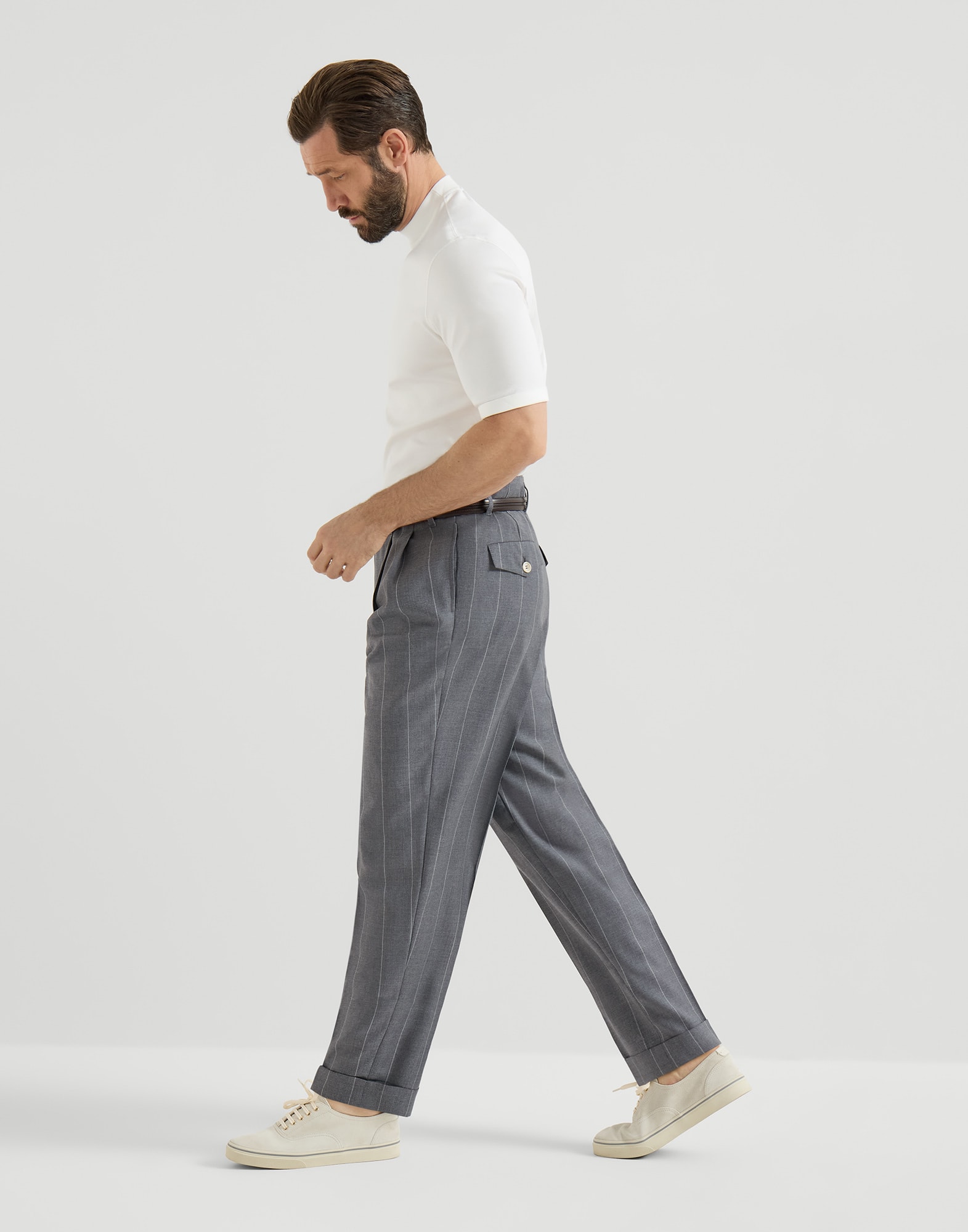 Chalk stripe trousers for Man in Medium Grey | Brunello Cucinelli