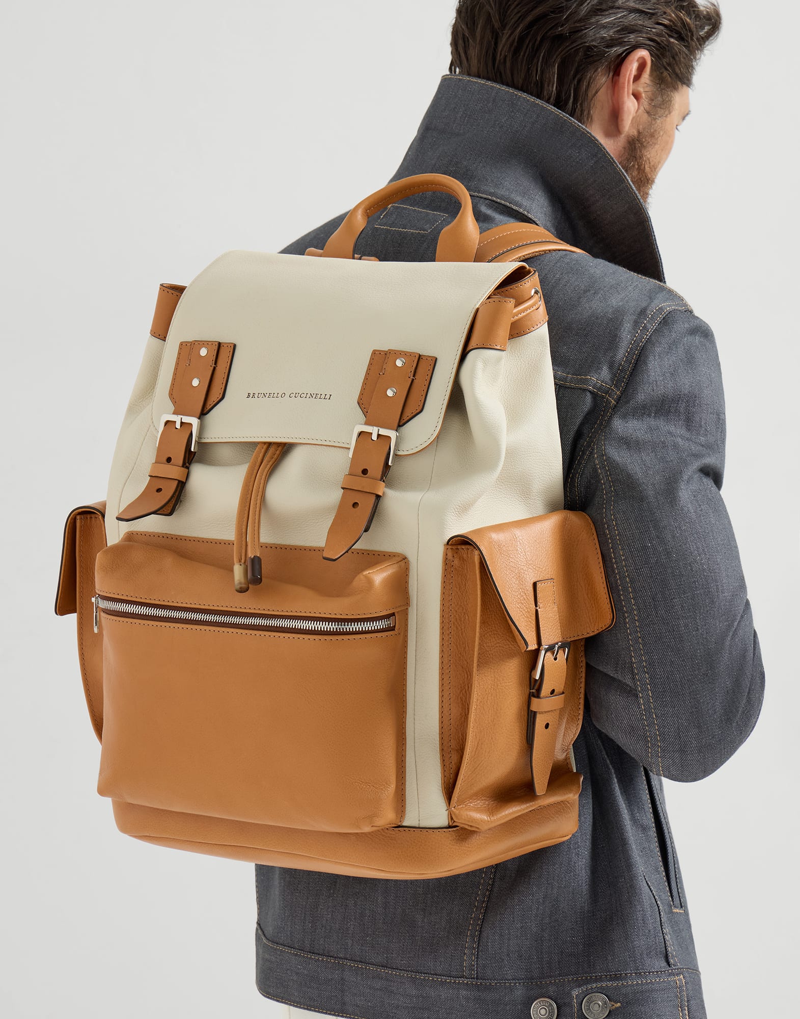 Calfskin and cowhide backpack for Man in Ivory | Brunello Cucinelli
