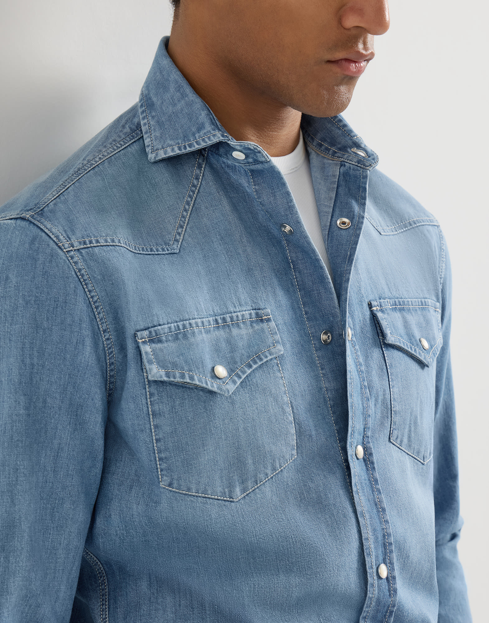 Easy fit shirt for Man in Light Denim | Brunello Cucinelli