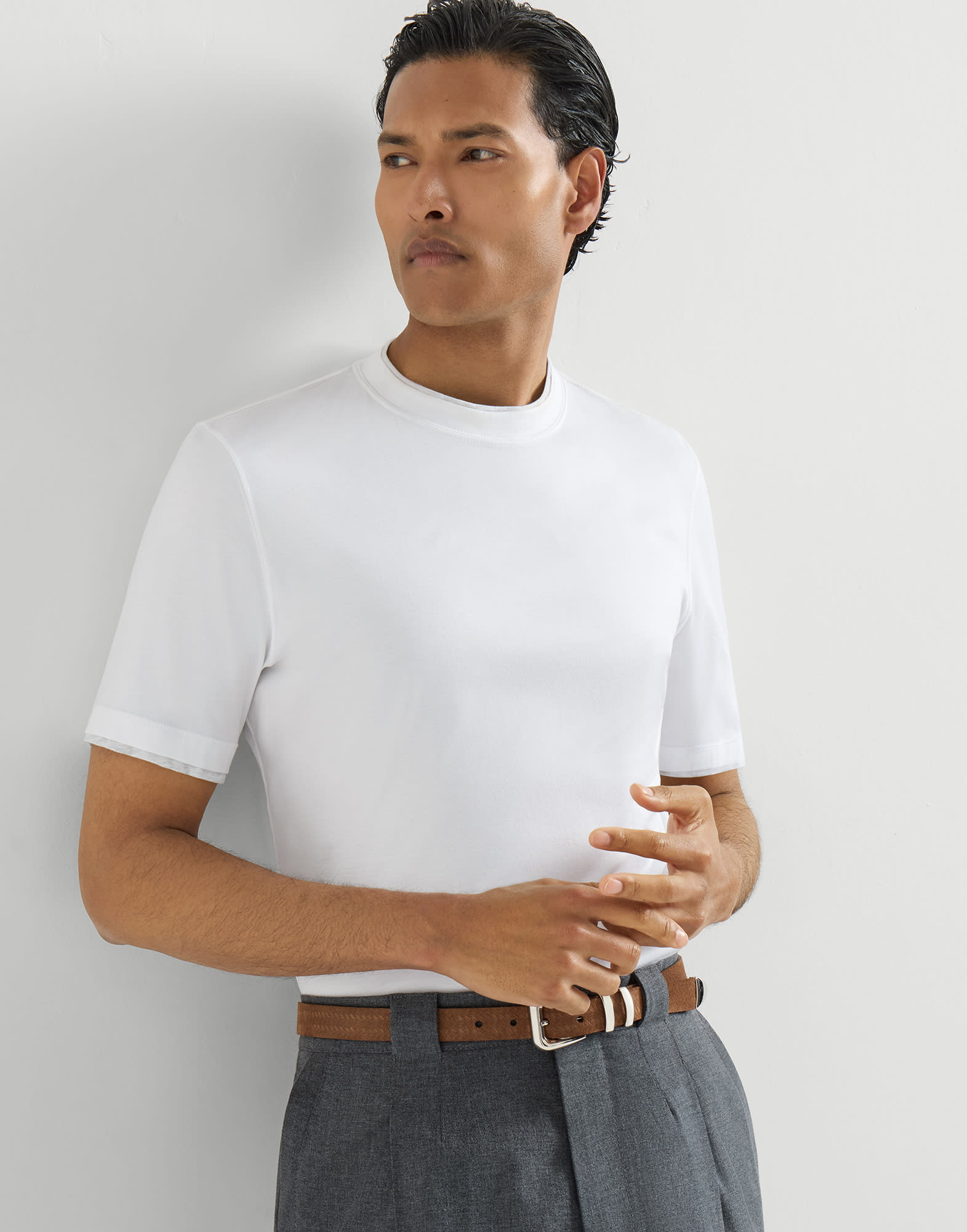T-shirt with faux-layering for Man in Grey | Brunello Cucinelli
