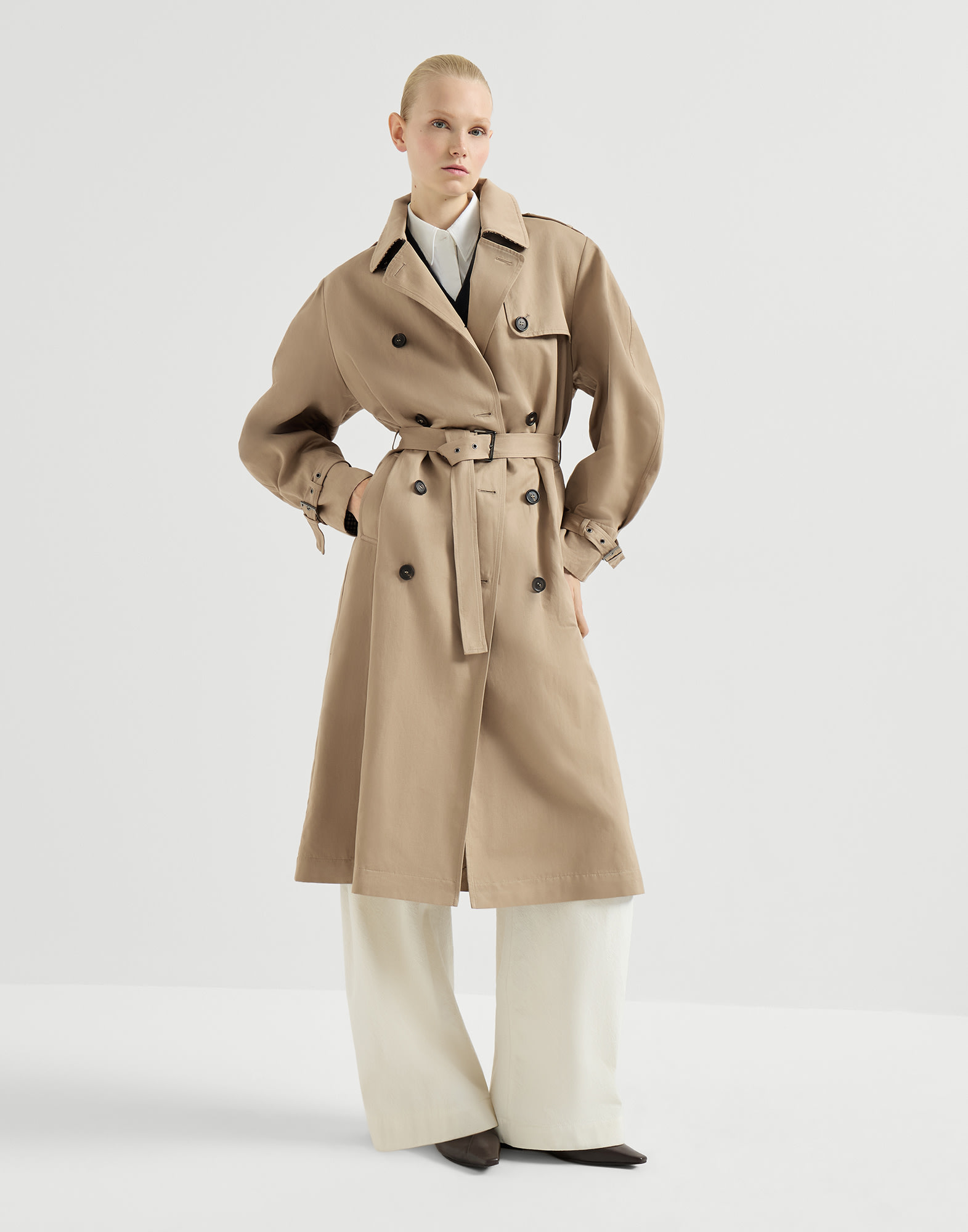 Twill trench with monili Camel Woman - Brunello Cucinelli