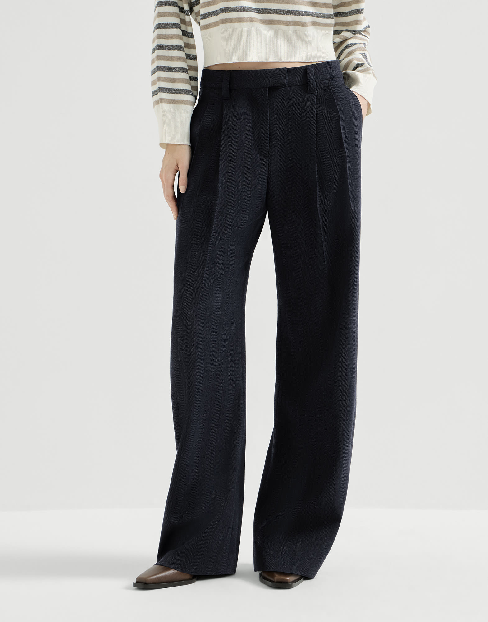 Pantalone in chevron cr&ecirc;pe Blu Navy Donna - Brunello Cucinelli