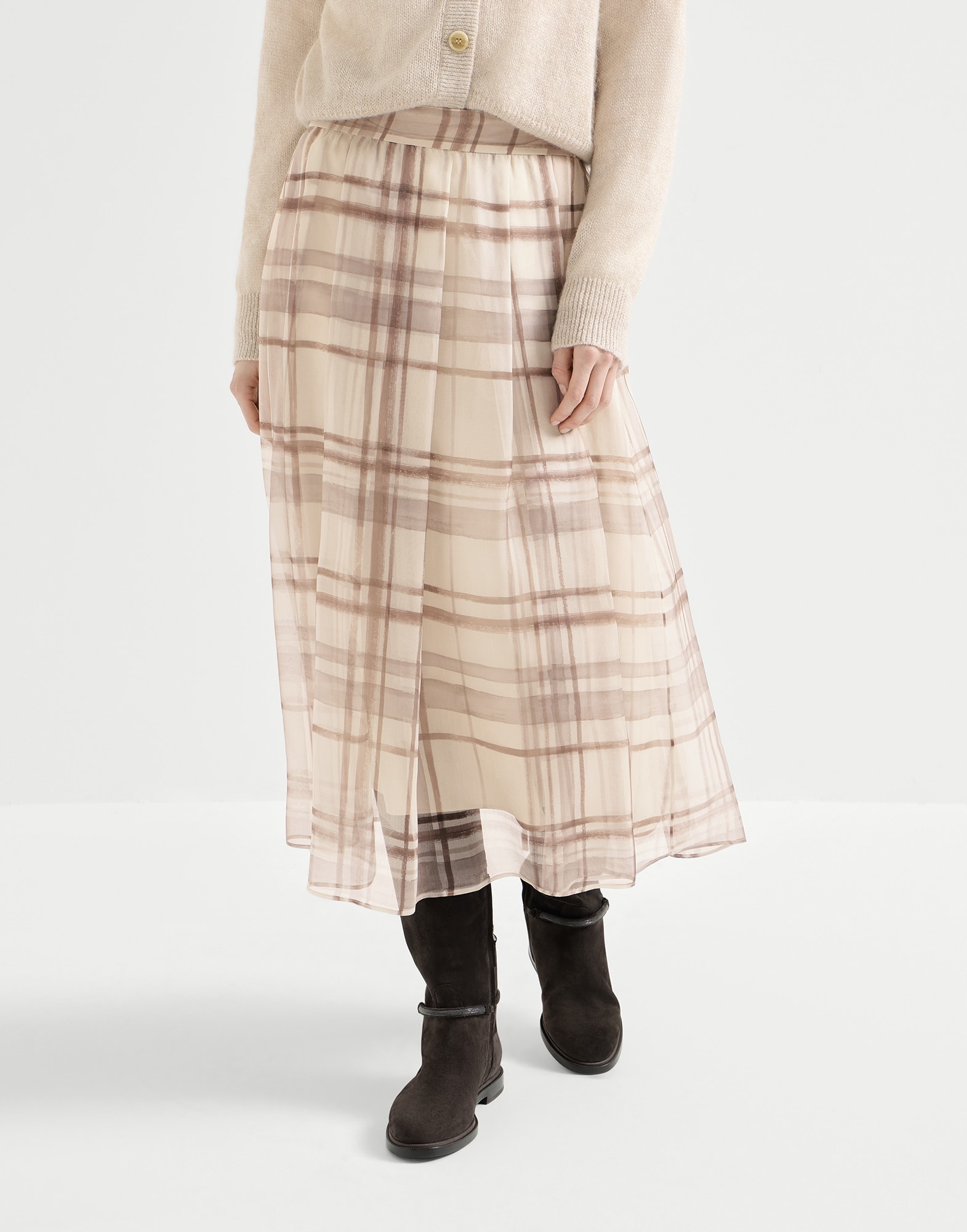 Jupe pliss&eacute;e imprim&eacute; Macrocheck Beige Femme - Brunello Cucinelli
