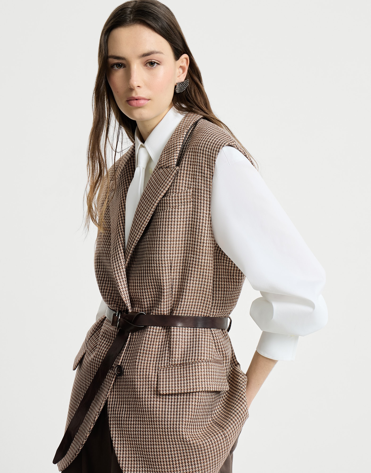 Sparkling houndstooth vest for Woman in Beige | Brunello Cucinelli