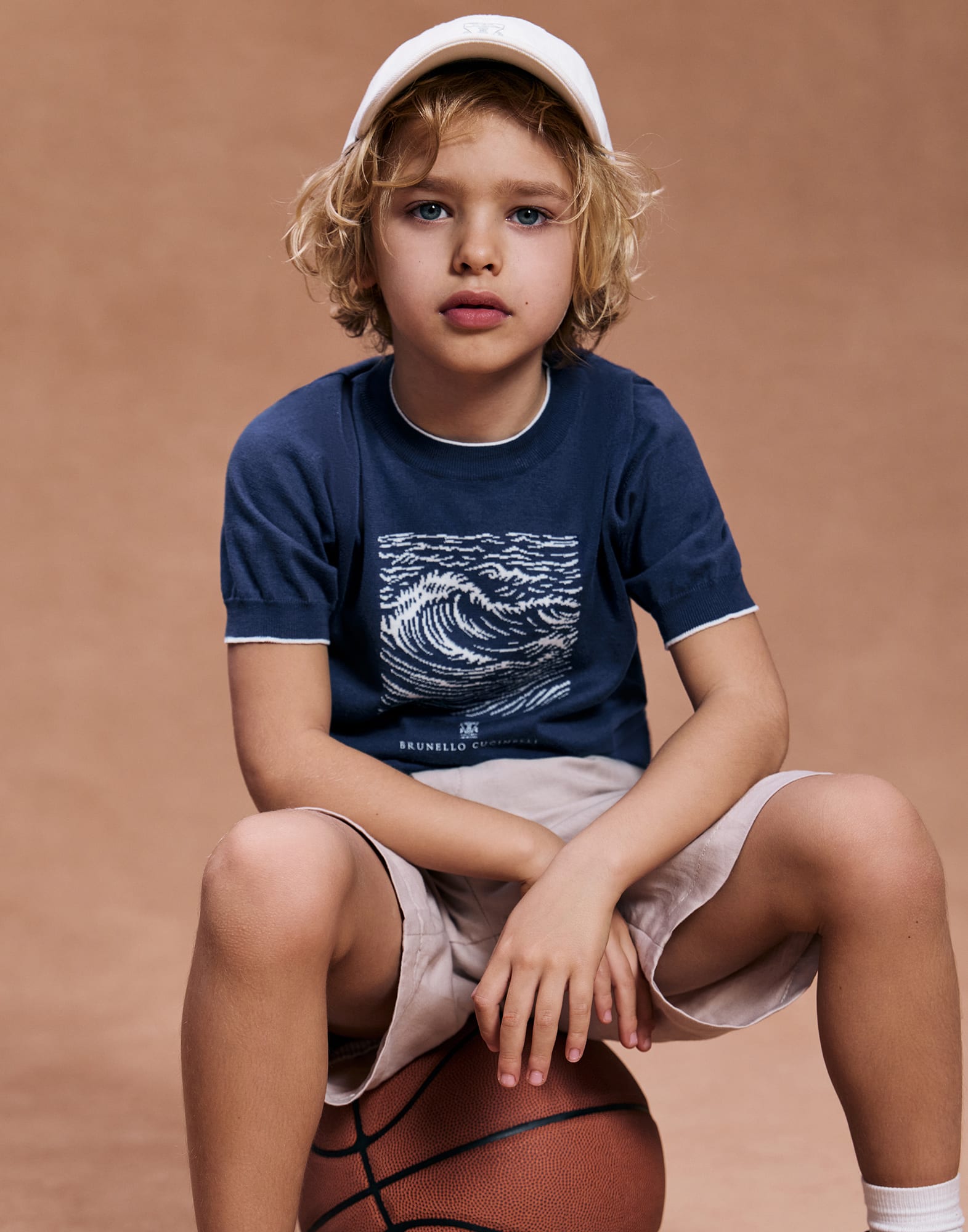 ボーイズ 向け ブルー ウォーターインターシャ入り ニットTシャツ