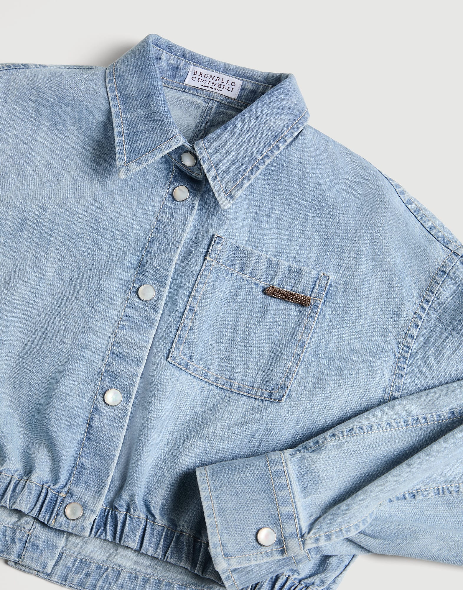 Lightweight denim shirt with monili Light Blue Denim Girls - Brunello Cucinelli