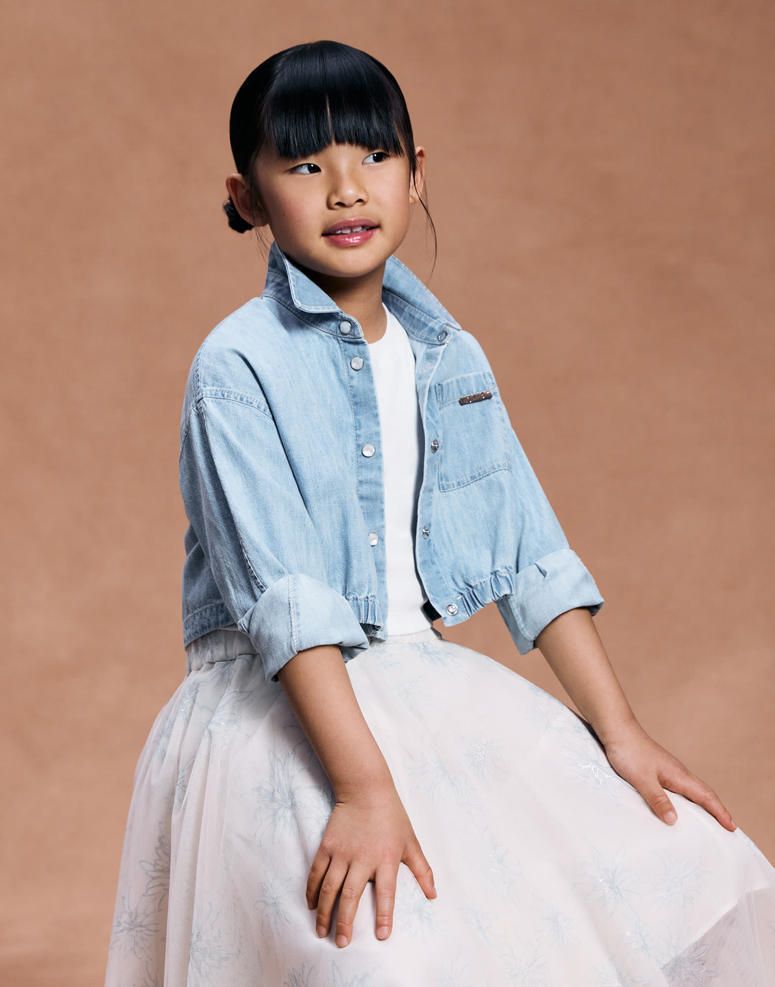 Lightweight denim shirt with monili for Girls in Light Blue Denim
