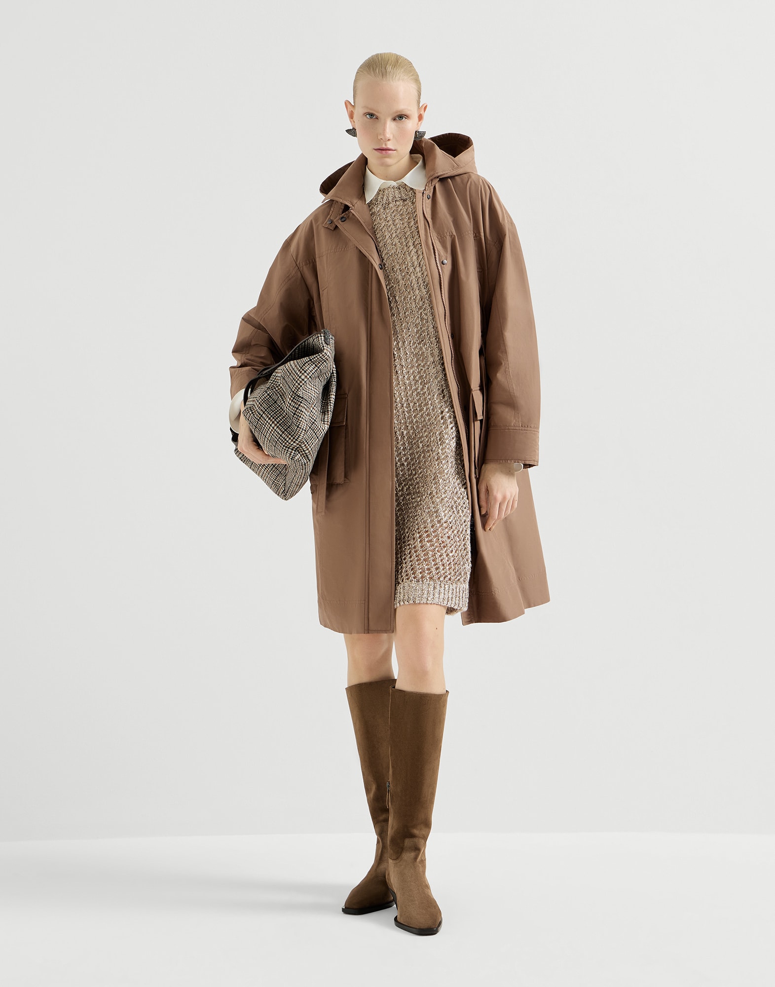 Taffeta coat with monili for Woman in Camel | Brunello Cucinelli