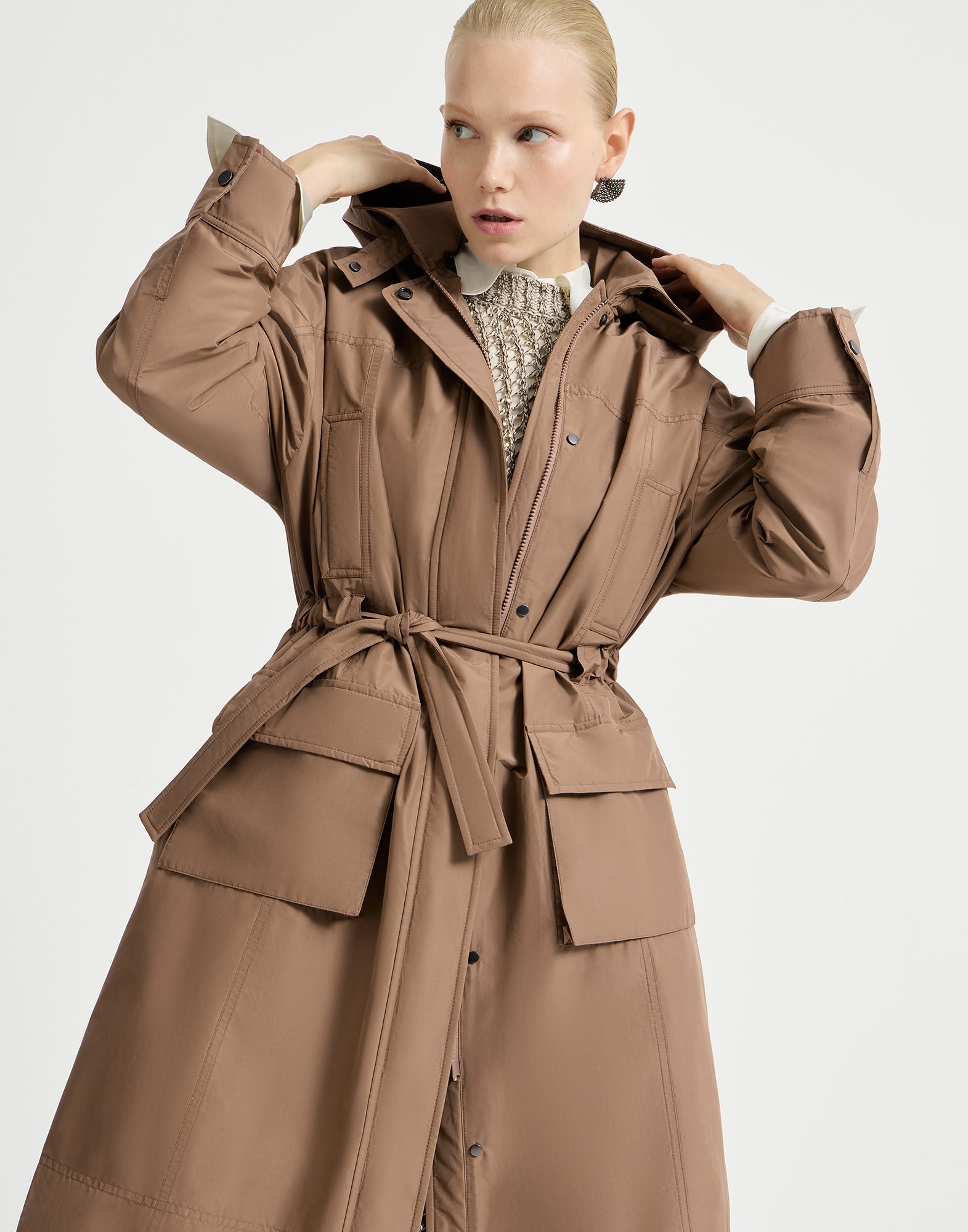 Taffeta coat with monili for Woman in Camel | Brunello Cucinelli