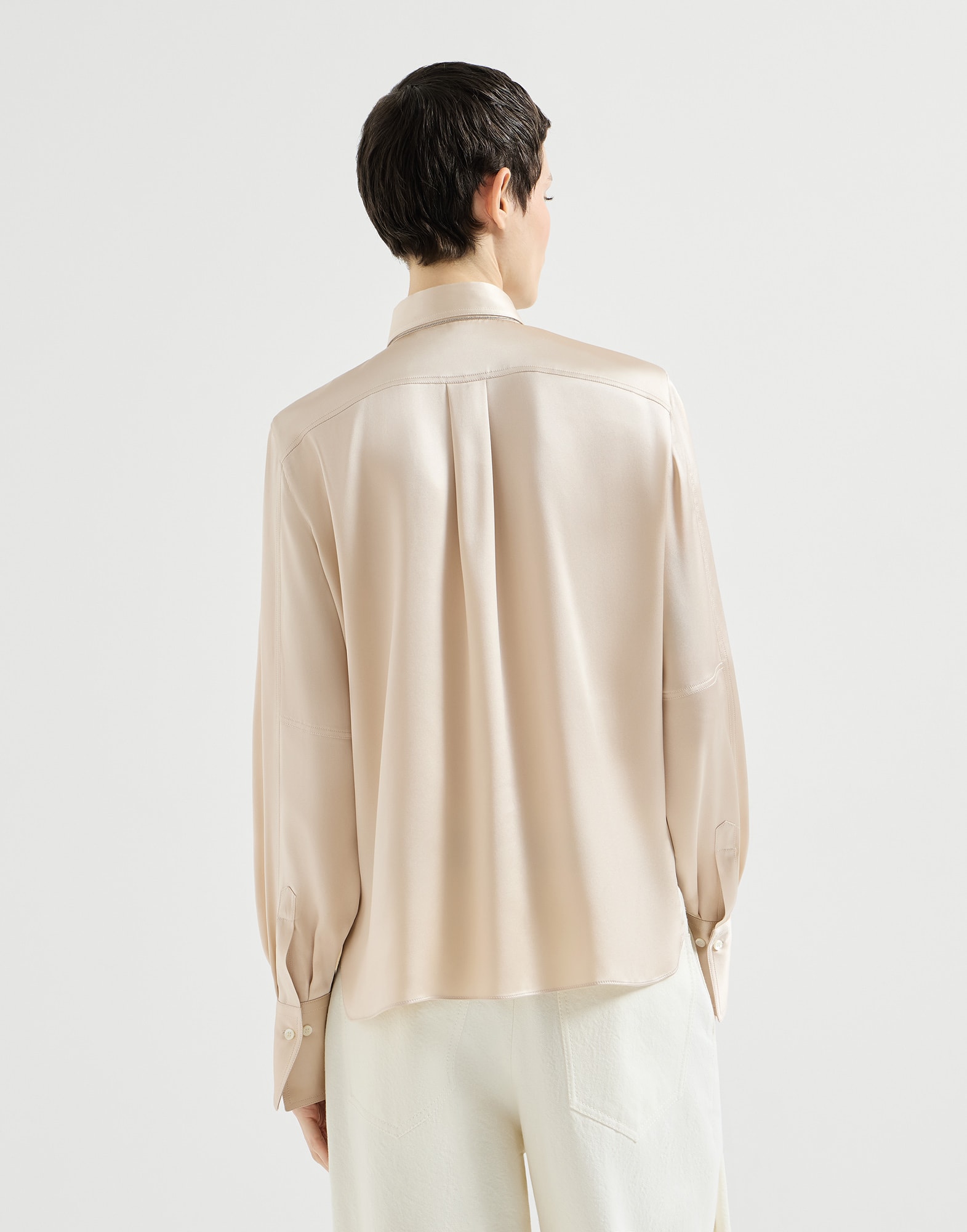 Stretch silk satin shirt for Woman in Sand | Brunello Cucinelli