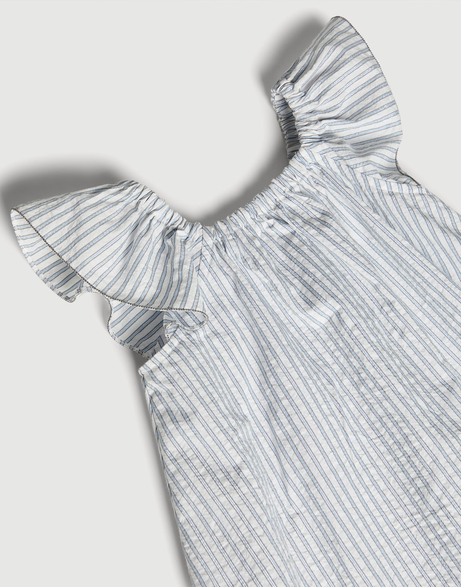 Sparkling striped cotton top with monili Sky Blue Girls - Brunello Cucinelli