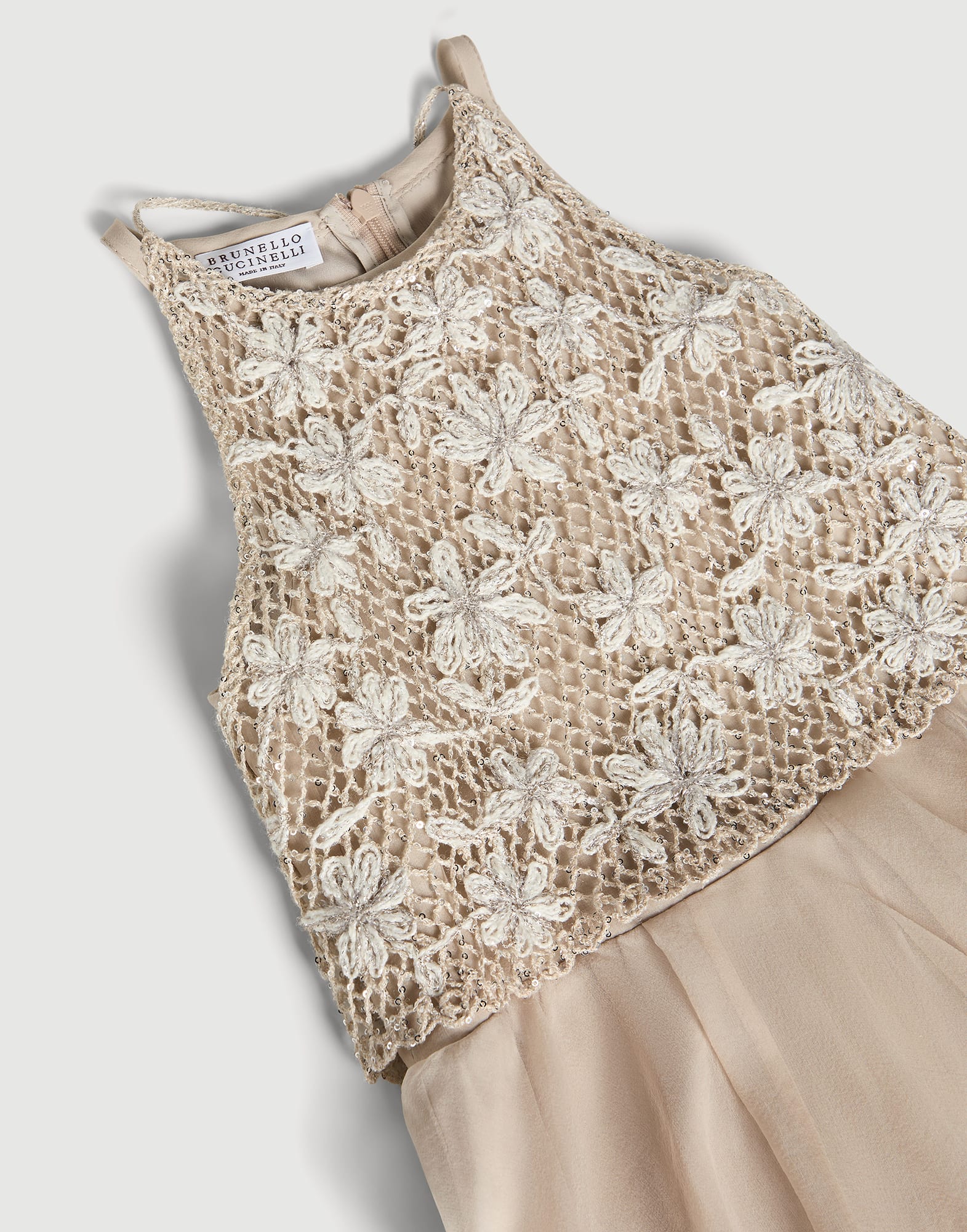 Vestido de seda Crispy con Monile Beige Ni&ntilde;a - Brunello Cucinelli