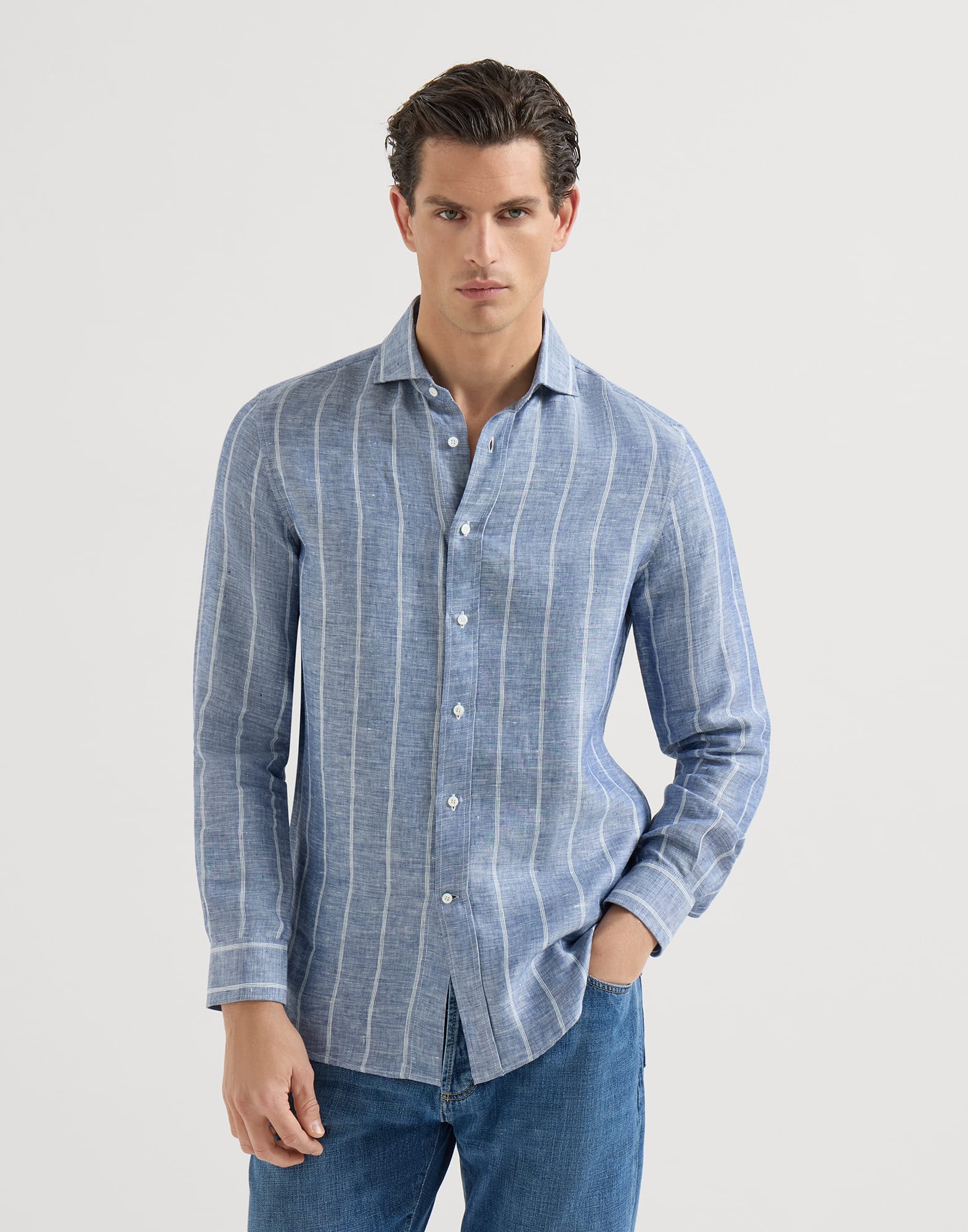 Striped twill shirt for Man in Denim | Brunello Cucinelli