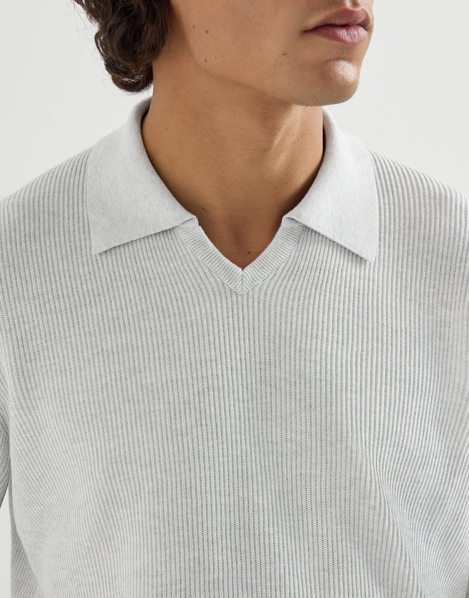 BRUNELLO CUCINELLI ブルネロ　ポロシャツ グレー/ホワイト メンズ 向け グレー コットン イングリッシュリブニット ポロシャツ